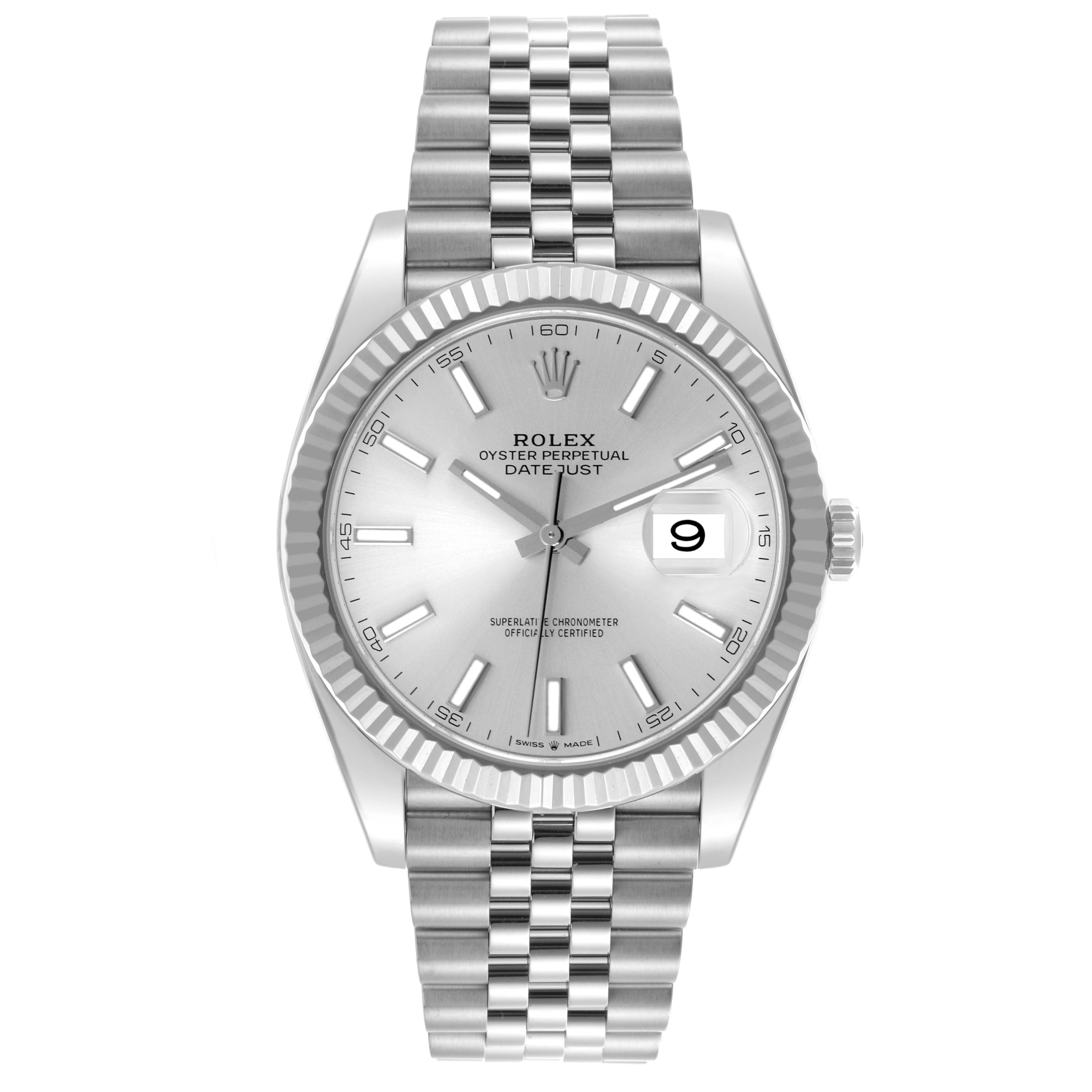 The Rolex Datejust 41 126334 Men's Stainless Steel Silver Dial 126334 Men's Stainless Steel Silver Dial watch is shown from a front angle, featuring the dial, bezel, case, and Jubilee bracelet.