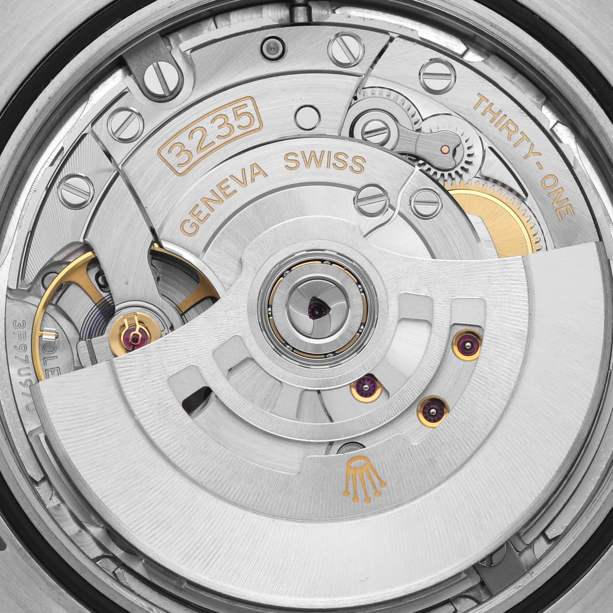 This image shows a detailed view of the Rolex Datejust 41 126334 Men's Stainless Steel Silver Dial 126334 Men's Stainless Steel Silver Dial's movement, featuring its mechanical components and markings.
