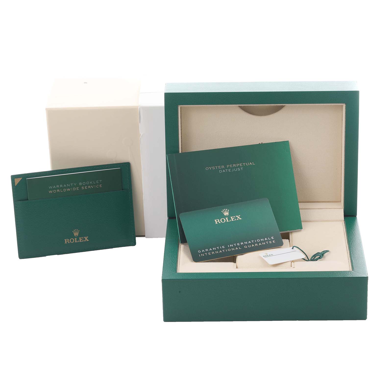 The Rolex Datejust 41 126334 Men's Stainless Steel Silver Dial 126334 Men's Stainless Steel Silver Dial packaging is shown at an angle, displaying the box, warranty booklet, and guarantee card.