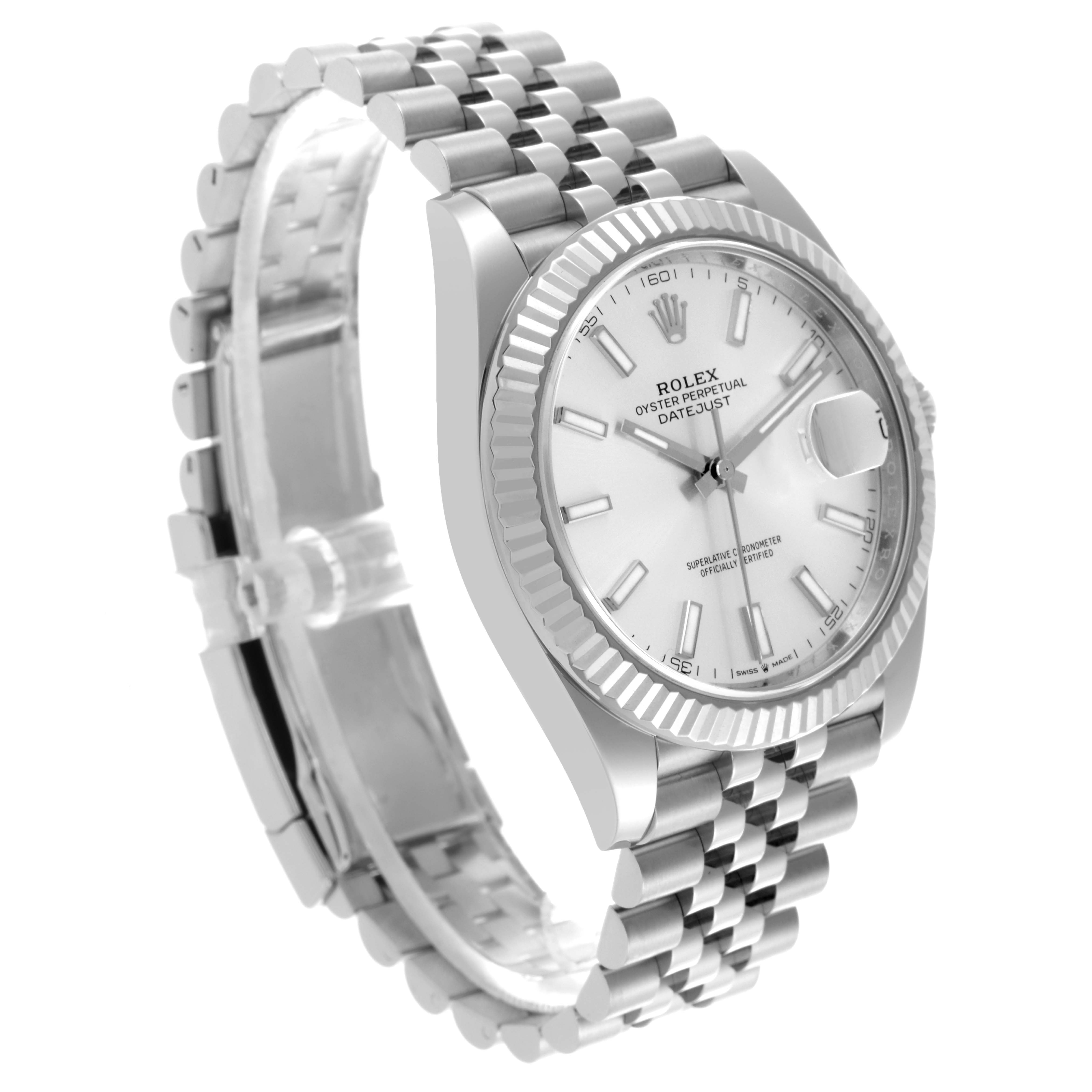 The Rolex Datejust 41 126334 Men's Stainless Steel Silver Dial 126334 Men's Stainless Steel Silver Dial watch is shown from a three-quarter angle, highlighting the fluted bezel, dial, and Jubilee bracelet.