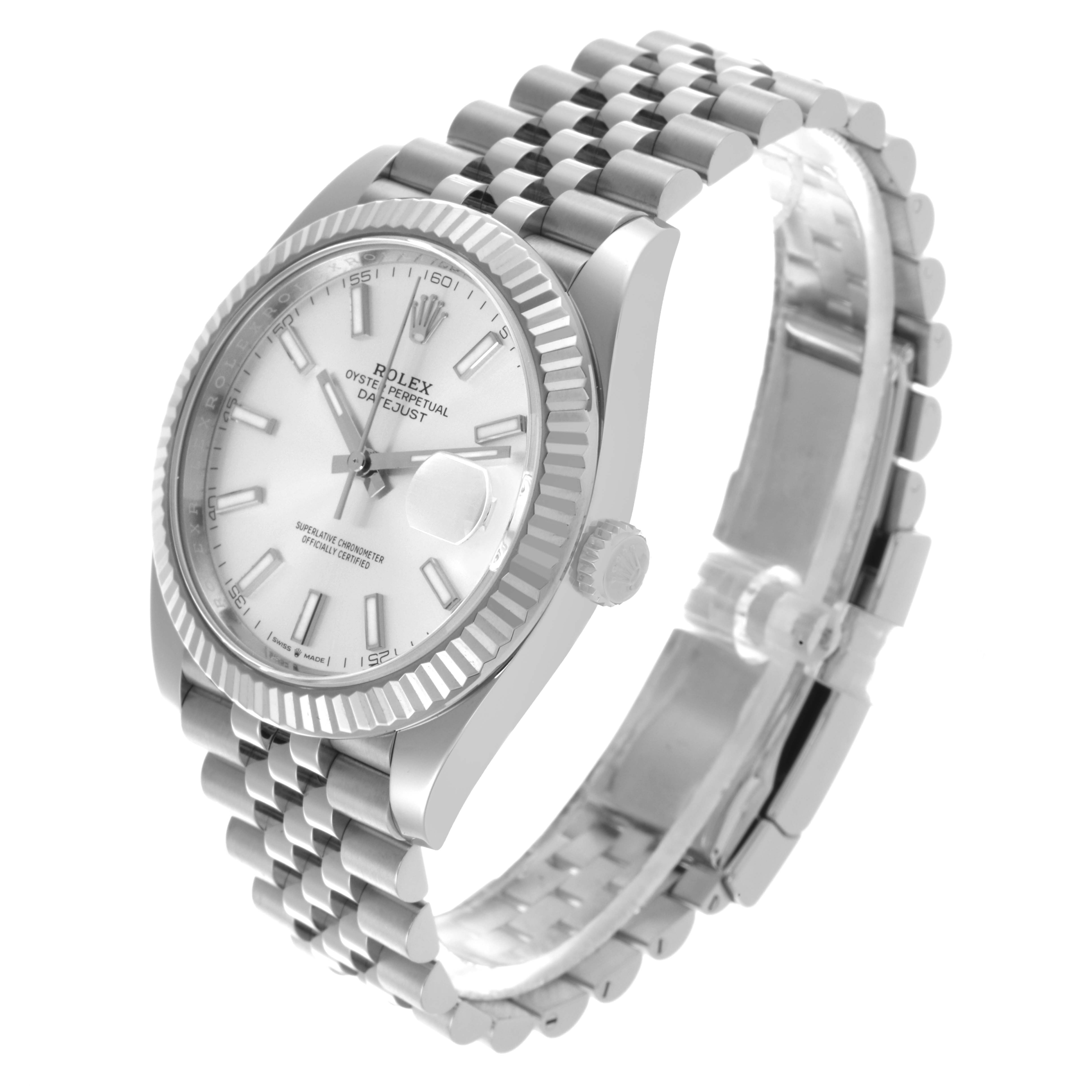 The Rolex Datejust 41 126334 Men's Stainless Steel Silver Dial 126334 Men's Stainless Steel Silver Dial is shown at a three-quarter angle, displaying the face, fluted bezel, crown, and Jubilee bracelet.