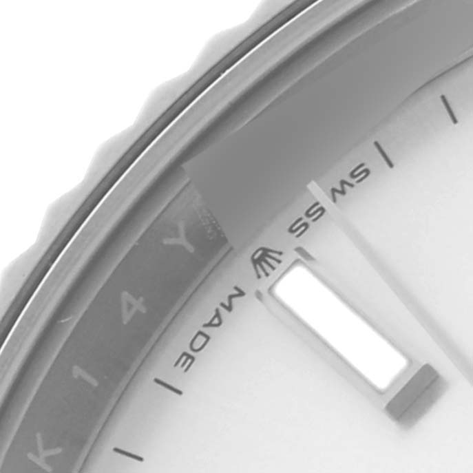 This image shows a close-up of the Rolex Datejust 41 126334 Men's Stainless Steel Silver Dial 126334 Men's Stainless Steel Silver Dial, featuring part of the dial, markers, and the "Swiss Made" text near the edge.