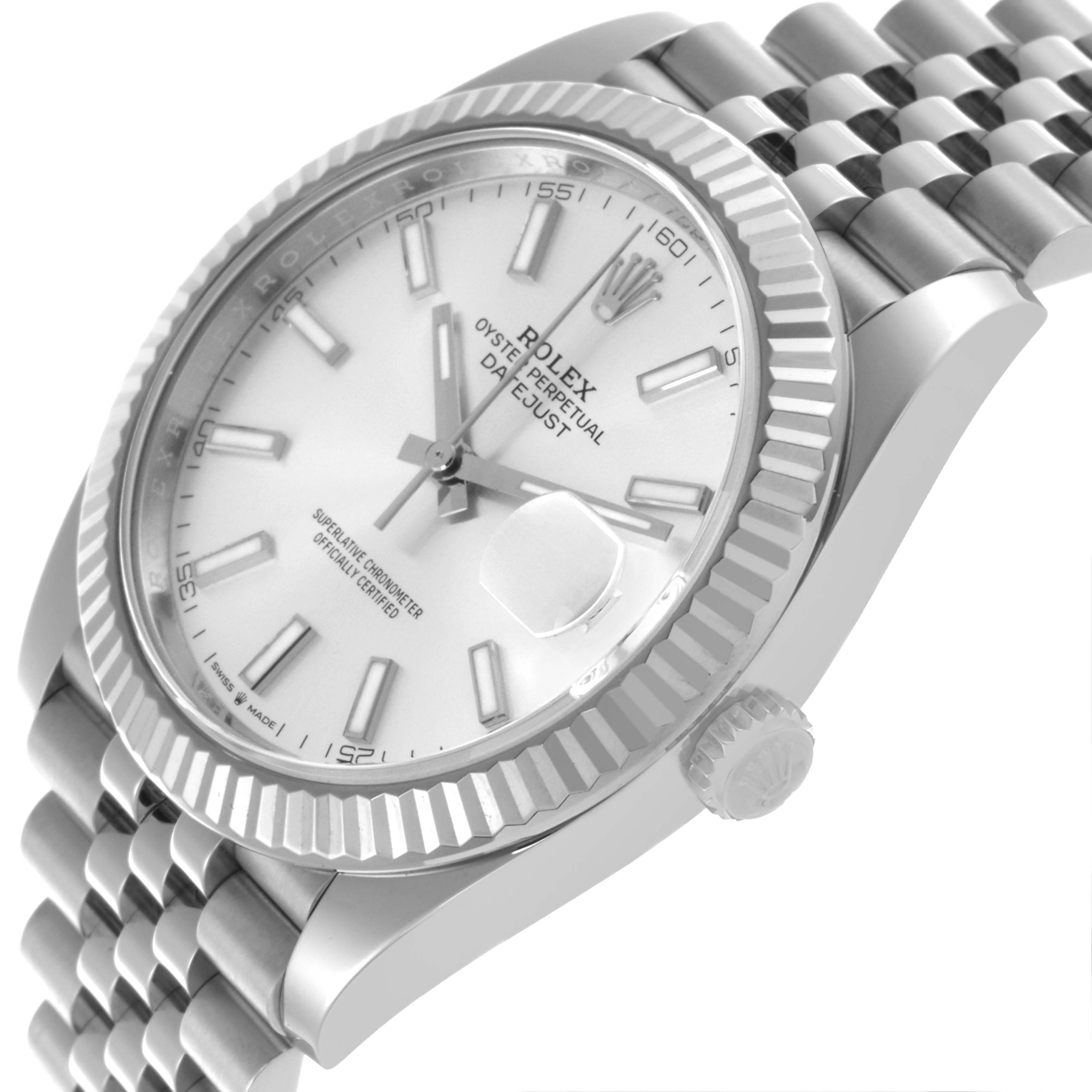 The Rolex Datejust 41 126334 Men's Stainless Steel Silver Dial 126334 Men's Stainless Steel Silver Dial watch is shown from a side angle, displaying its bezel, dial, bracelet, and crown.