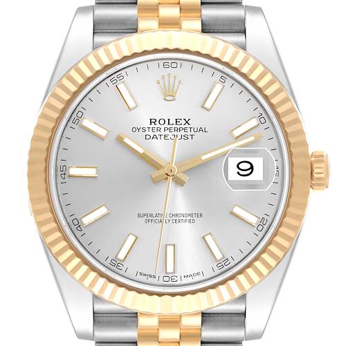 The image shows a front view of a Rolex Datejust 41 126333 Men's Steel and Gold (two tone) Silver Dial 126333 Men's Steel and Gold (two tone) Silver Dial watch, highlighting its dial, bezel, and part of its two-tone bracelet.