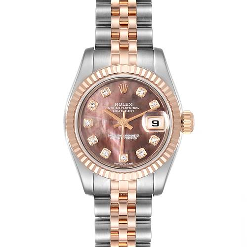 The image shows the front view of a Rolex Datejust 179171 Women's Steel and Gold (two tone) Mother of Pearl Dial 179171 Women's Steel and Gold (two tone) Mother of Pearl Dial watch, displaying the dial, bezel, and bracelet.
