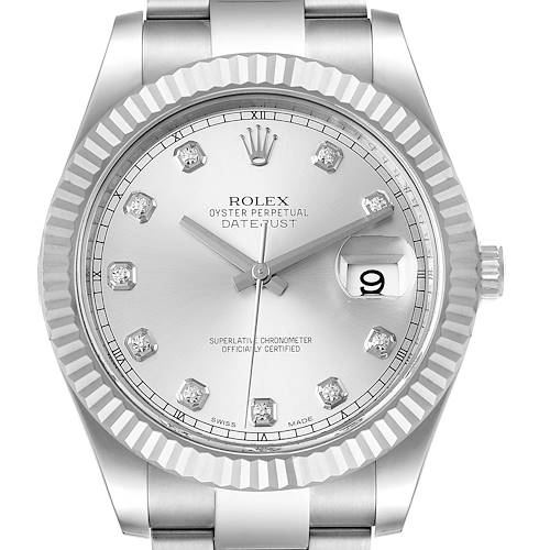 The image shows a front view of the Rolex Datejust 41 116334 Men's Stainless Steel Silver Dial 116334 Men's Stainless Steel Silver Dial watch, highlighting the dial, bezel, and part of the bracelet.