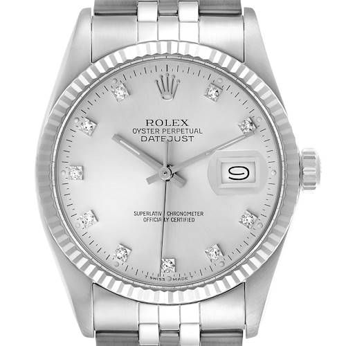 The Rolex Datejust 16014 Men's Stainless Steel Silver Dial 16014 Men's Stainless Steel Silver Dial watch is shown from the front, highlighting its dial, hands, date, and part of the bracelet.