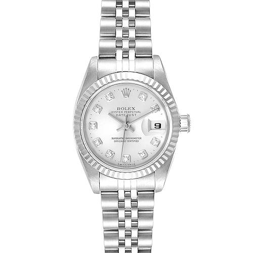 This image shows a front view of the Rolex Datejust 69174 Women's Stainless Steel Silver Dial 69174 Women's Stainless Steel Silver Dial watch, displaying the dial, bezel, and bracelet.
