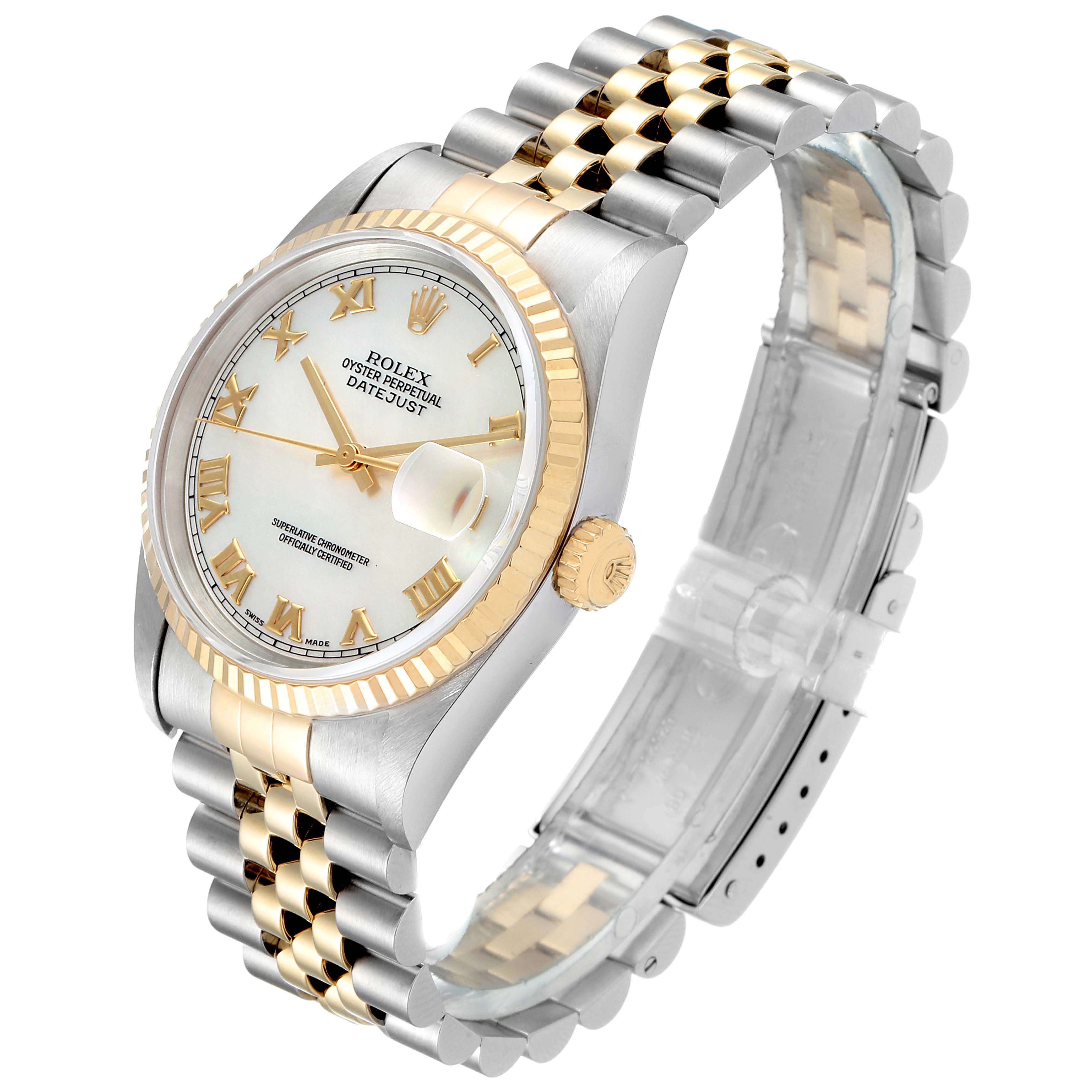 The Rolex Datejust 16233 Men's Steel and Gold (two tone) Mother of Pearl Dial 16233 Men's Steel and Gold (two tone) Mother of Pearl Dial watch is shown at a three-quarter angle, highlighting the dial, fluted bezel, and two-tone jubilee bracelet.