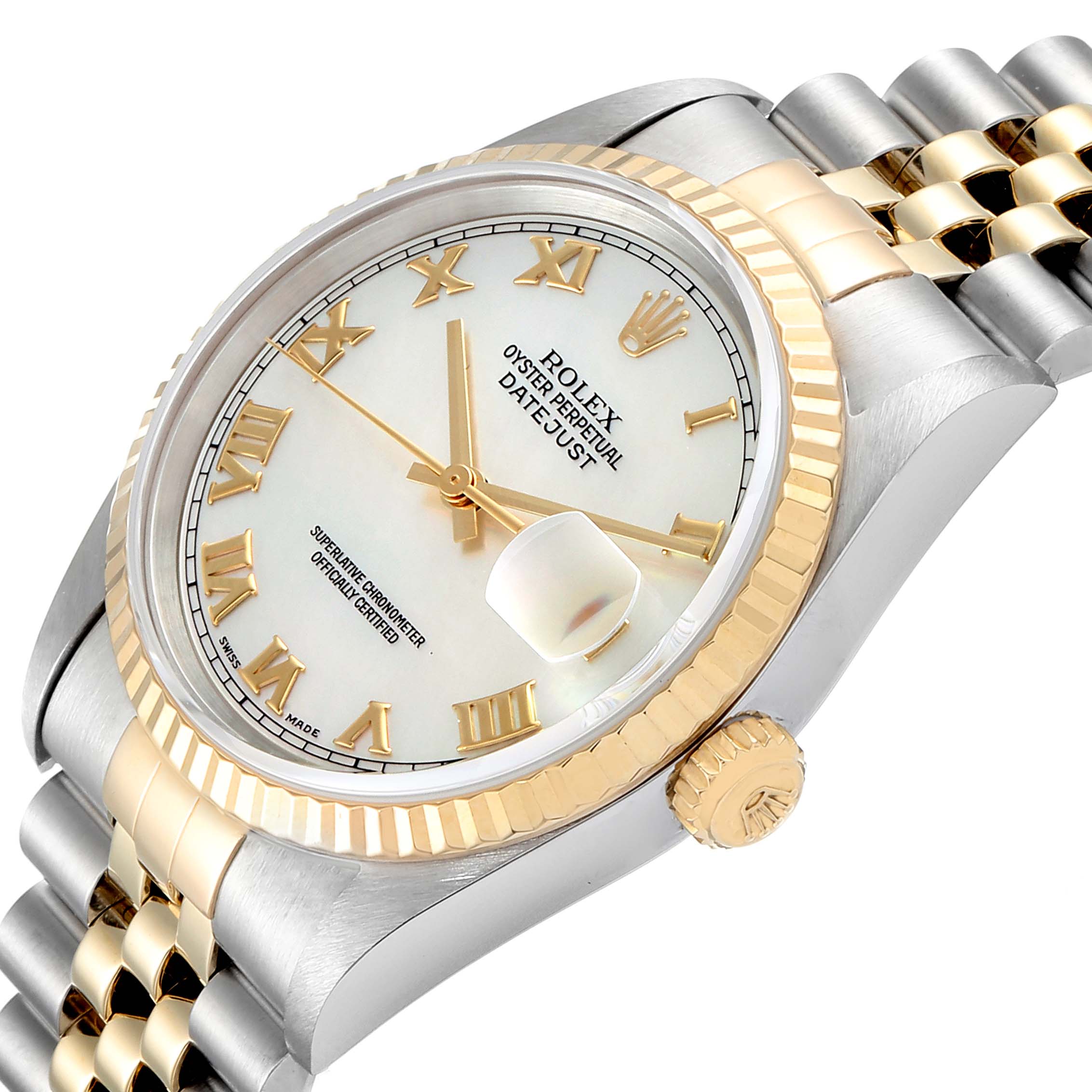 This image shows a close-up angled view of the Rolex Datejust 16233 Men's Steel and Gold (two tone) Mother of Pearl Dial 16233 Men's Steel and Gold (two tone) Mother of Pearl Dial watch, highlighting the dial, bezel, crown, and part of the bracelet.