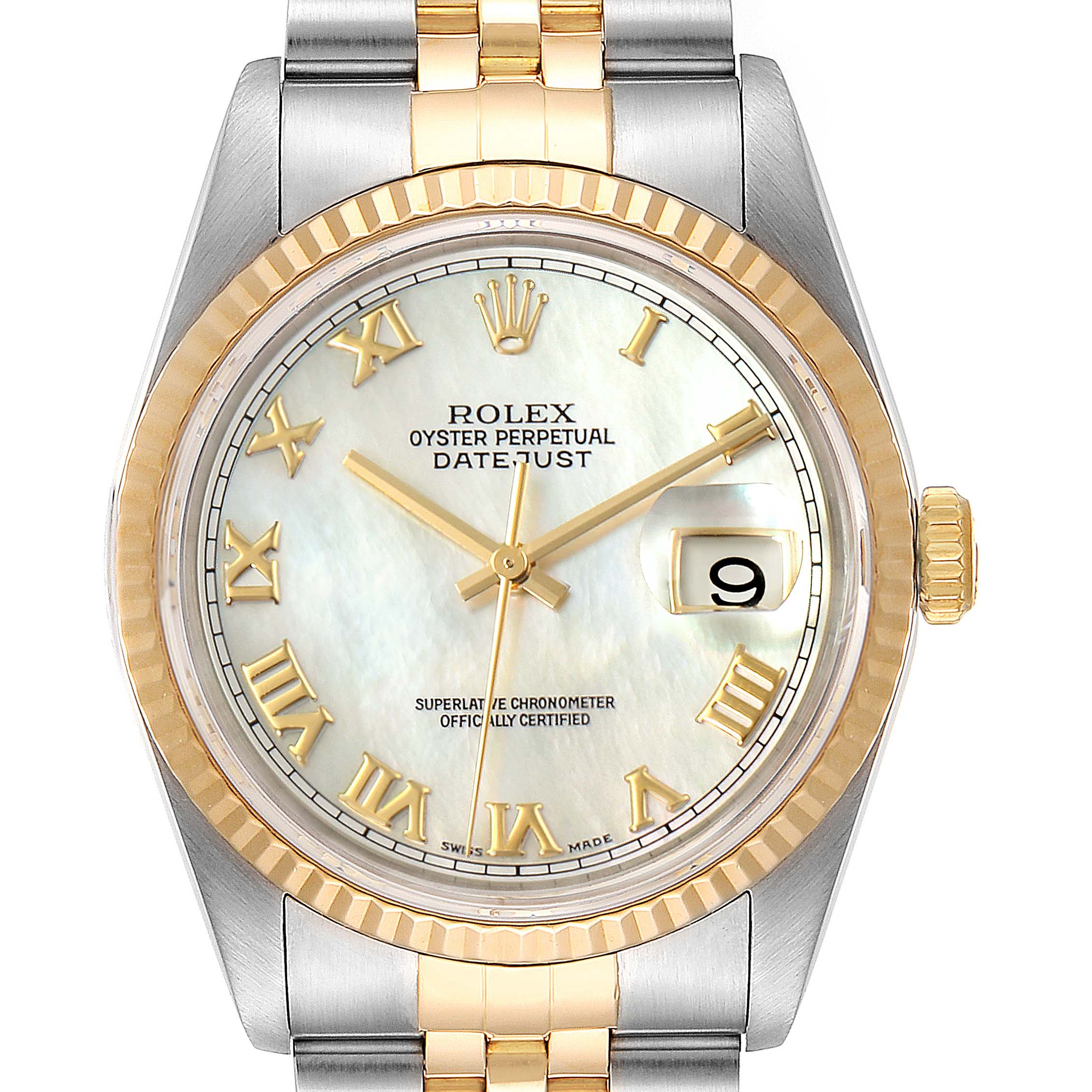 The image shows a frontal view of a Rolex Datejust 16233 Men's Steel and Gold (two tone) Mother of Pearl Dial 16233 Men's Steel and Gold (two tone) Mother of Pearl Dial watch, highlighting the dial, bezel, crown, and part of the bracelet.