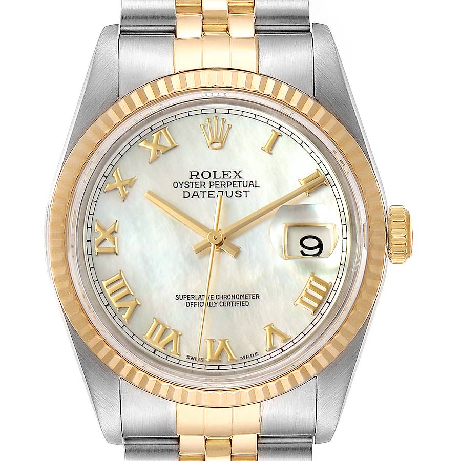The image shows a frontal view of a Rolex Datejust 16233 Men's Steel and Gold (two tone) Mother of Pearl Dial 16233 Men's Steel and Gold (two tone) Mother of Pearl Dial watch, highlighting the dial, bezel, crown, and part of the bracelet.