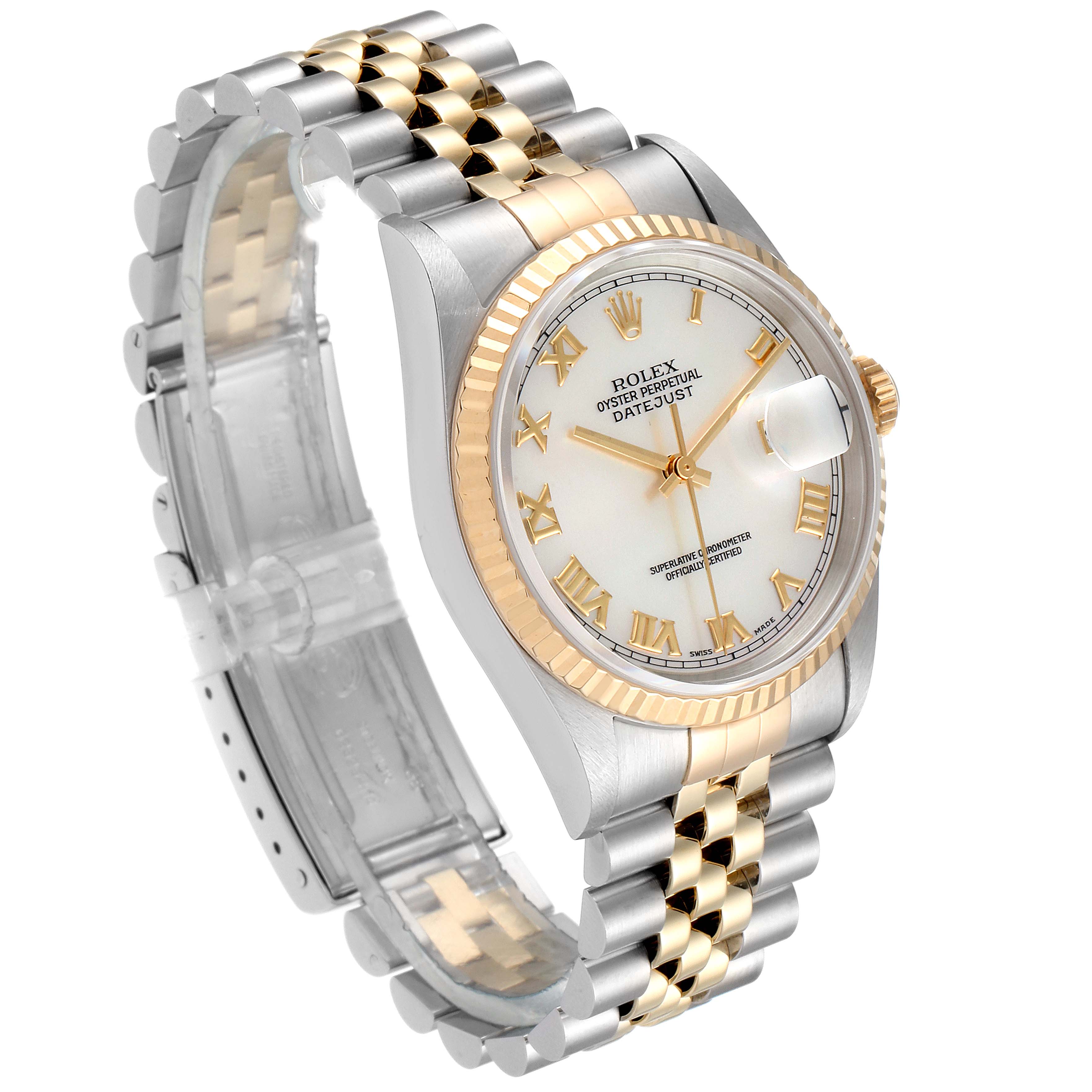 The image shows a Rolex Datejust 16233 Men's Steel and Gold (two tone) Mother of Pearl Dial 16233 Men's Steel and Gold (two tone) Mother of Pearl Dial model watch at a three-quarter angle, highlighting its stainless steel and gold fluted bezel and jubilee bracelet.