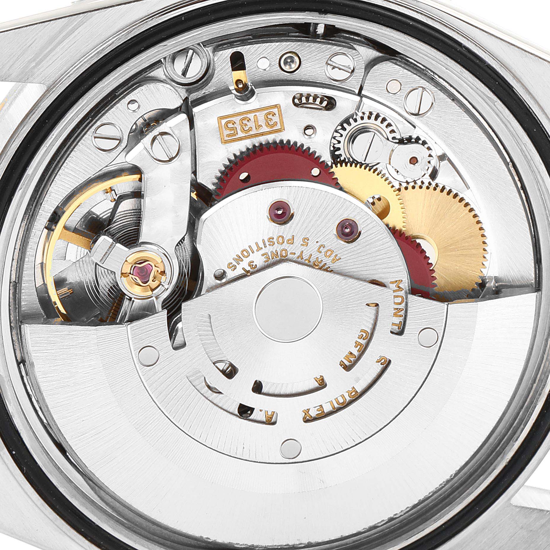 This image shows the internal mechanical movement of the Rolex Datejust 16233 Men's Steel and Gold (two tone) Mother of Pearl Dial 16233 Men's Steel and Gold (two tone) Mother of Pearl Dial watch, viewed from the back.