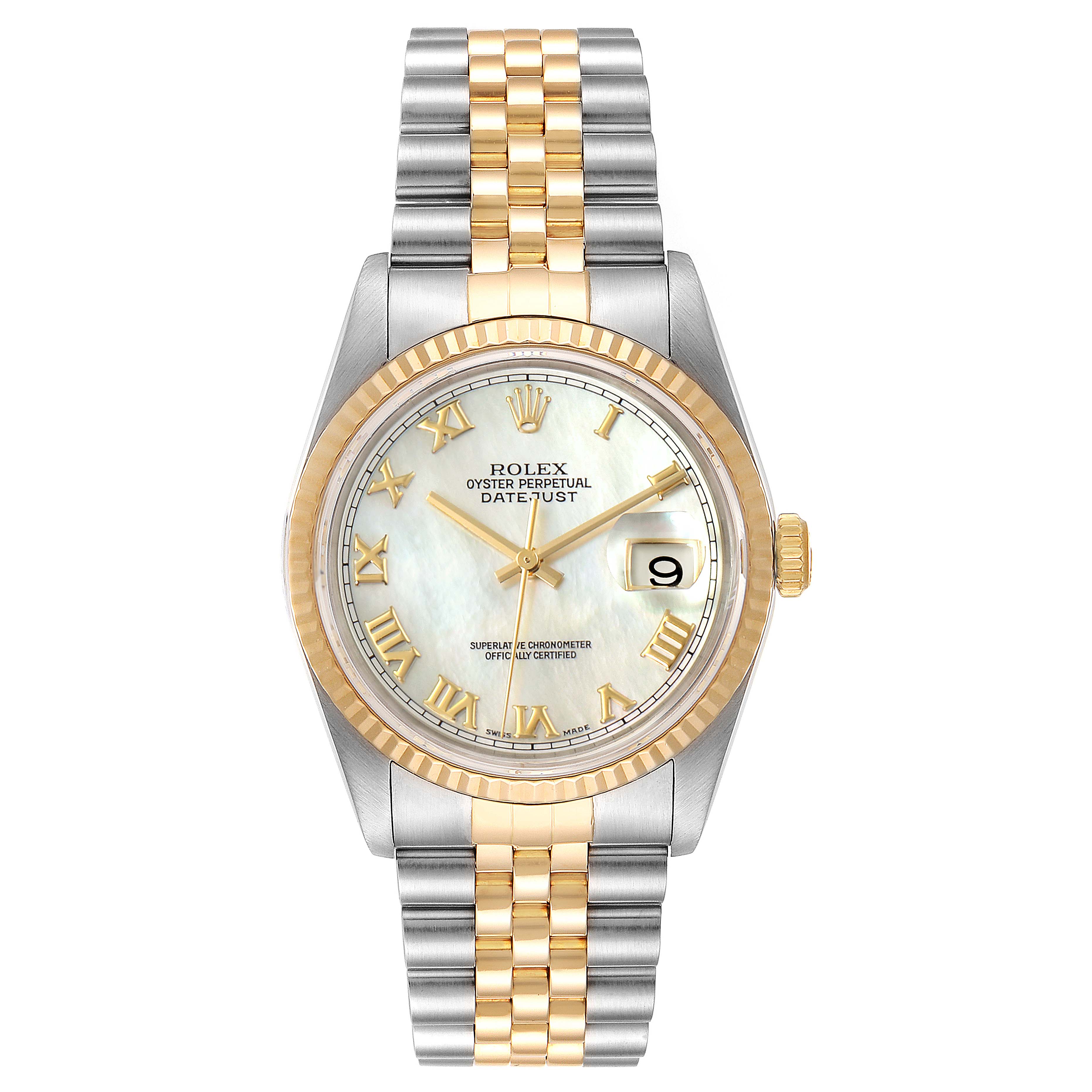 This is a front view of a Rolex Datejust 16233 Men's Steel and Gold (two tone) Mother of Pearl Dial 16233 Men's Steel and Gold (two tone) Mother of Pearl Dial watch, showing the dial, bezel, crown, and Jubilee bracelet.