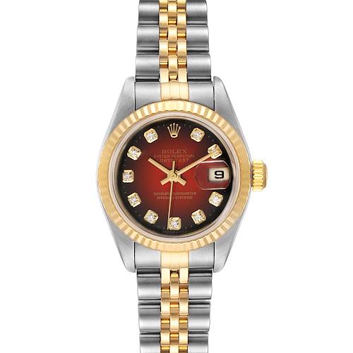 The Rolex Datejust 79173 Women's Steel and Gold (two tone) Red Dial 79173 Women's Steel and Gold (two tone) Red Dial watch is shown from a top-down angle, featuring its dial, bezel, and two-tone bracelet.