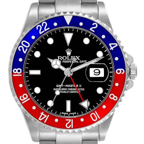 The image shows a Rolex GMT-Master 16710 Men's Stainless Steel Black Dial 16710 Men's Stainless Steel Black Dial II watch face straight-on, highlighting its bezel, dial, hands, and date magnifier.