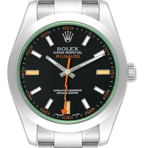 The image shows a front view of the Rolex Milgauss 116400GV Men's Stainless Steel Black Dial 116400GV Men's Stainless Steel Black Dial watch featuring its dial, hands, bracelet, and crown.