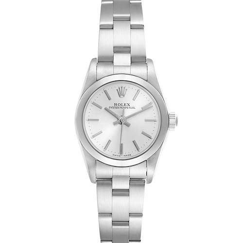 The Rolex Oyster Perpetual 76080 Women's Stainless Steel Silver Dial 76080 Women's Stainless Steel Silver Dial watch is shown from a front view, highlighting the dial, bezel, and bracelet.