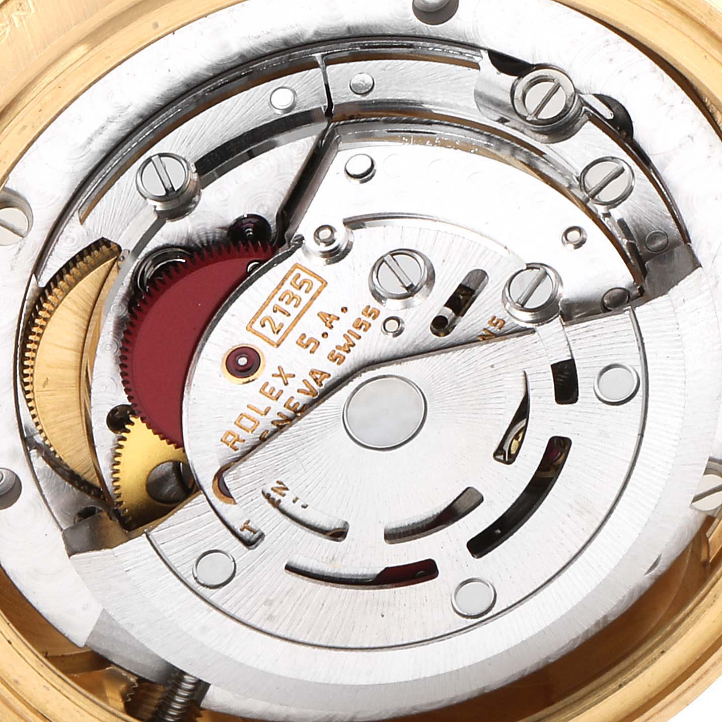This is a close-up view of the internal mechanisms of a Rolex President 68288 Women's White Gold Champagne Dial 68288 Women's White Gold Champagne Dial model watch.