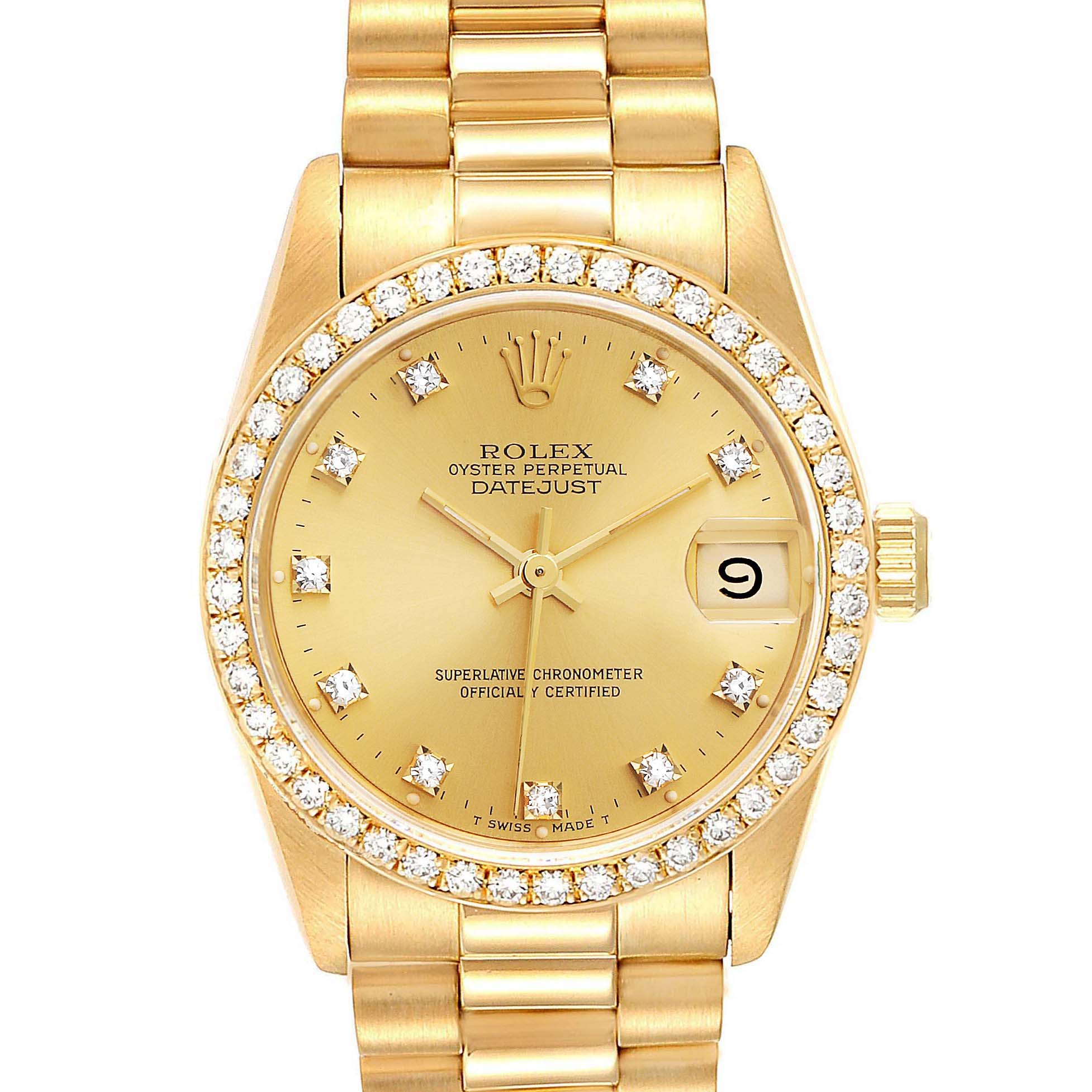 The image shows a frontal view of a gold Rolex President 68288 Women's White Gold Champagne Dial 68288 Women's White Gold Champagne Dial Datejust, displaying the dial, bezel, crown, and part of the bracelet.