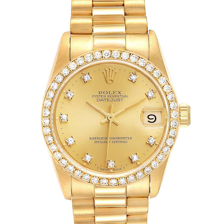The image shows a frontal view of a gold Rolex President 68288 Women's White Gold Champagne Dial 68288 Women's White Gold Champagne Dial Datejust, displaying the dial, bezel, crown, and part of the bracelet.