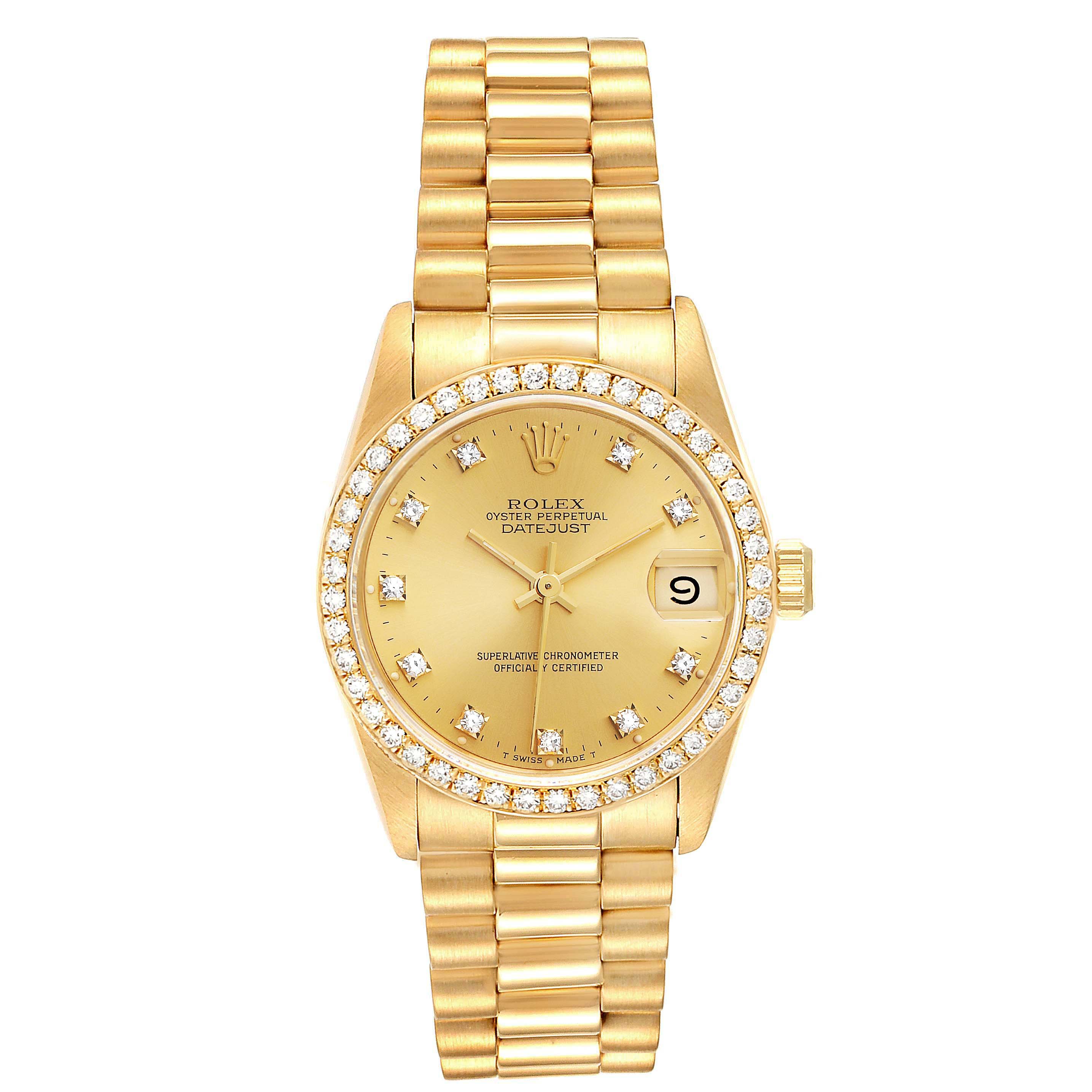 The image shows a Rolex President 68288 Women's White Gold Champagne Dial 68288 Women's White Gold Champagne Dial model watch from a front angle, displaying its dial, bezel, bracelet, and date feature.