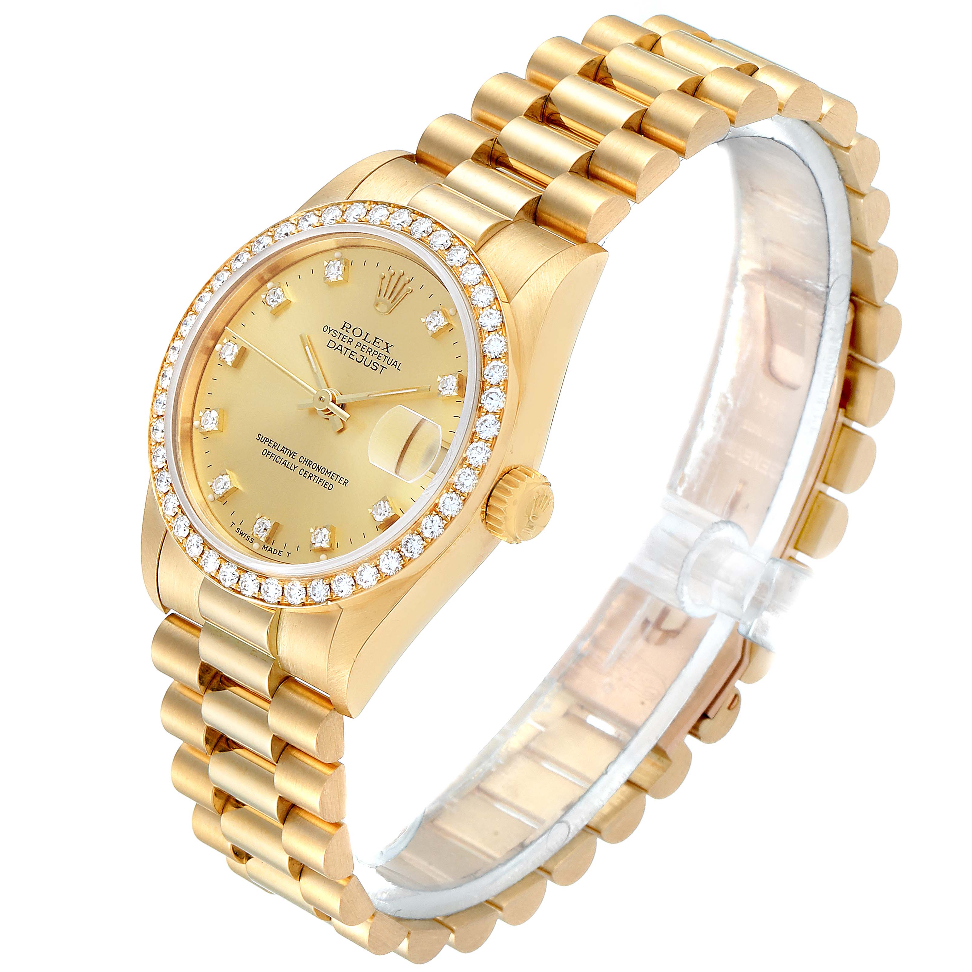 The image shows a Rolex President 68288 Women's White Gold Champagne Dial 68288 Women's White Gold Champagne Dial model watch from an angled side view, displaying the face, bezel, crown, and bracelet.