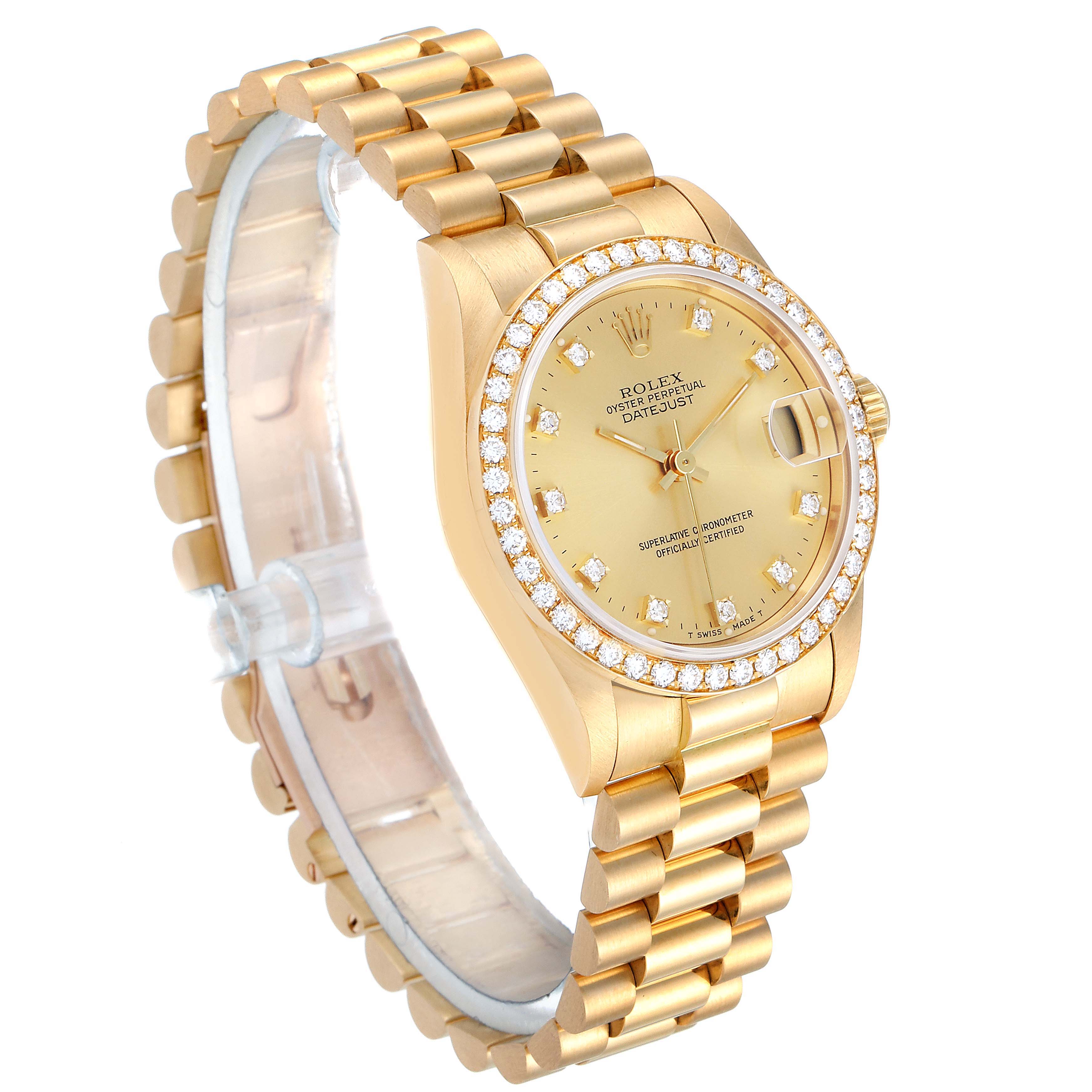 The image shows a side view of the Rolex President 68288 Women's White Gold Champagne Dial 68288 Women's White Gold Champagne Dial model, highlighting its gold bracelet, diamond-studded bezel, and dial.