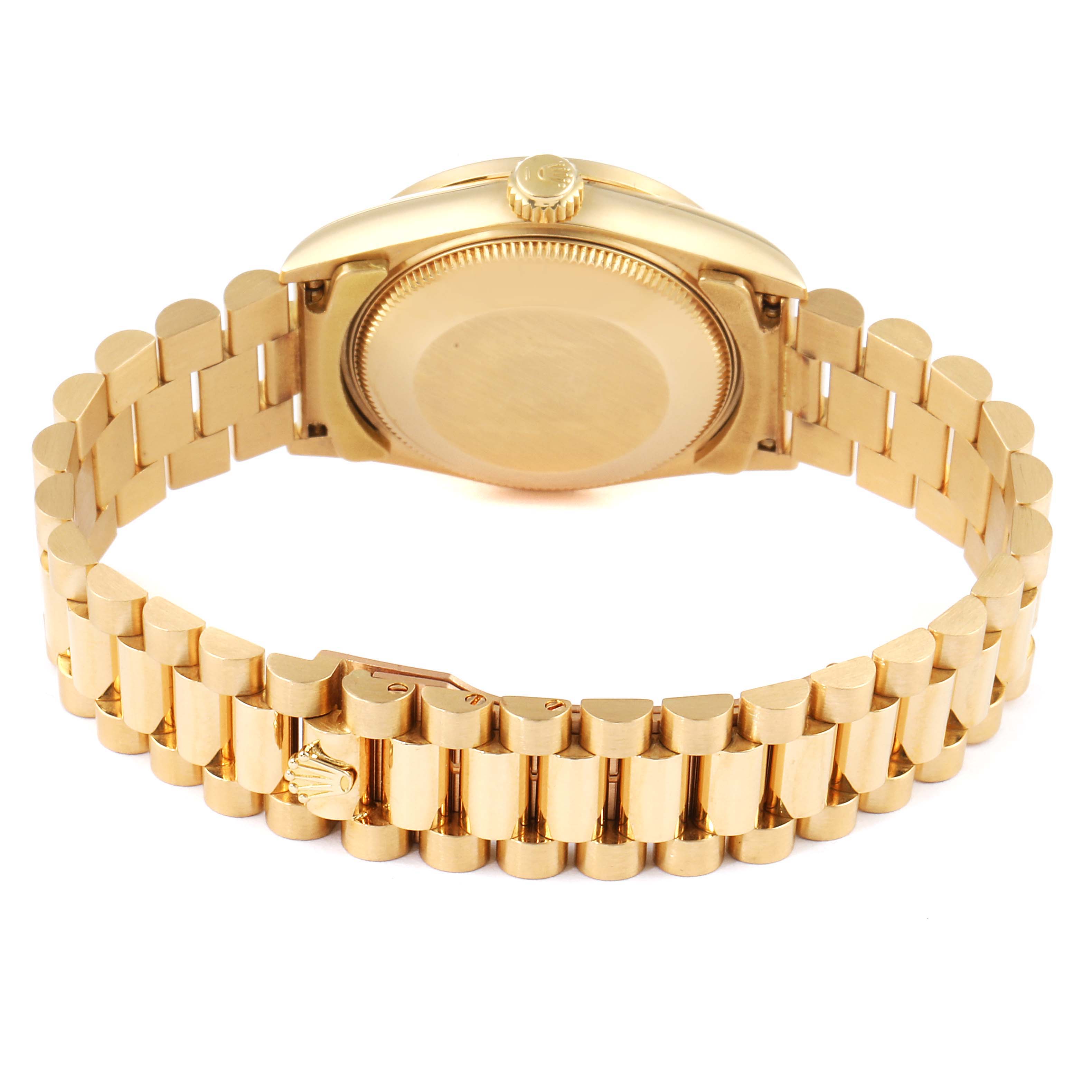 This image shows the back case and bracelet of a Rolex President 68288 Women's White Gold Champagne Dial 68288 Women's White Gold Champagne Dial model watch from a rear angle.