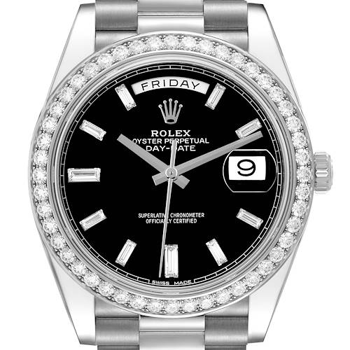The Rolex President 228349RBR Men's White Gold Black Dial 228349RBR Men's White Gold Black Dial model watch is shown from the front, highlighting the bezel, dial, bracelet, and crown.