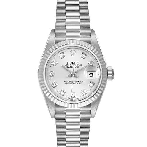 The image shows a front view of a Rolex President 79179 Women's White Gold Silver Dial 79179 Women's White Gold Silver Dial model watch, highlighting its dial, bezel, and bracelet.