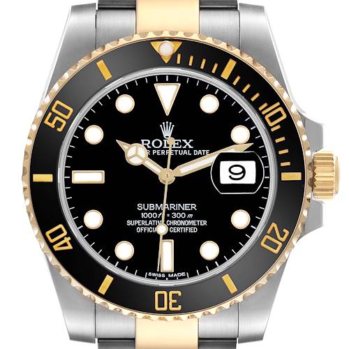 The Rolex Submariner 116613LN Men's Steel and Gold (two tone) Black Dial 116613LN Men's Steel and Gold (two tone) Black Dial watch is shown from a front angle, displaying its face, bezel, hands, and part of the bracelet.