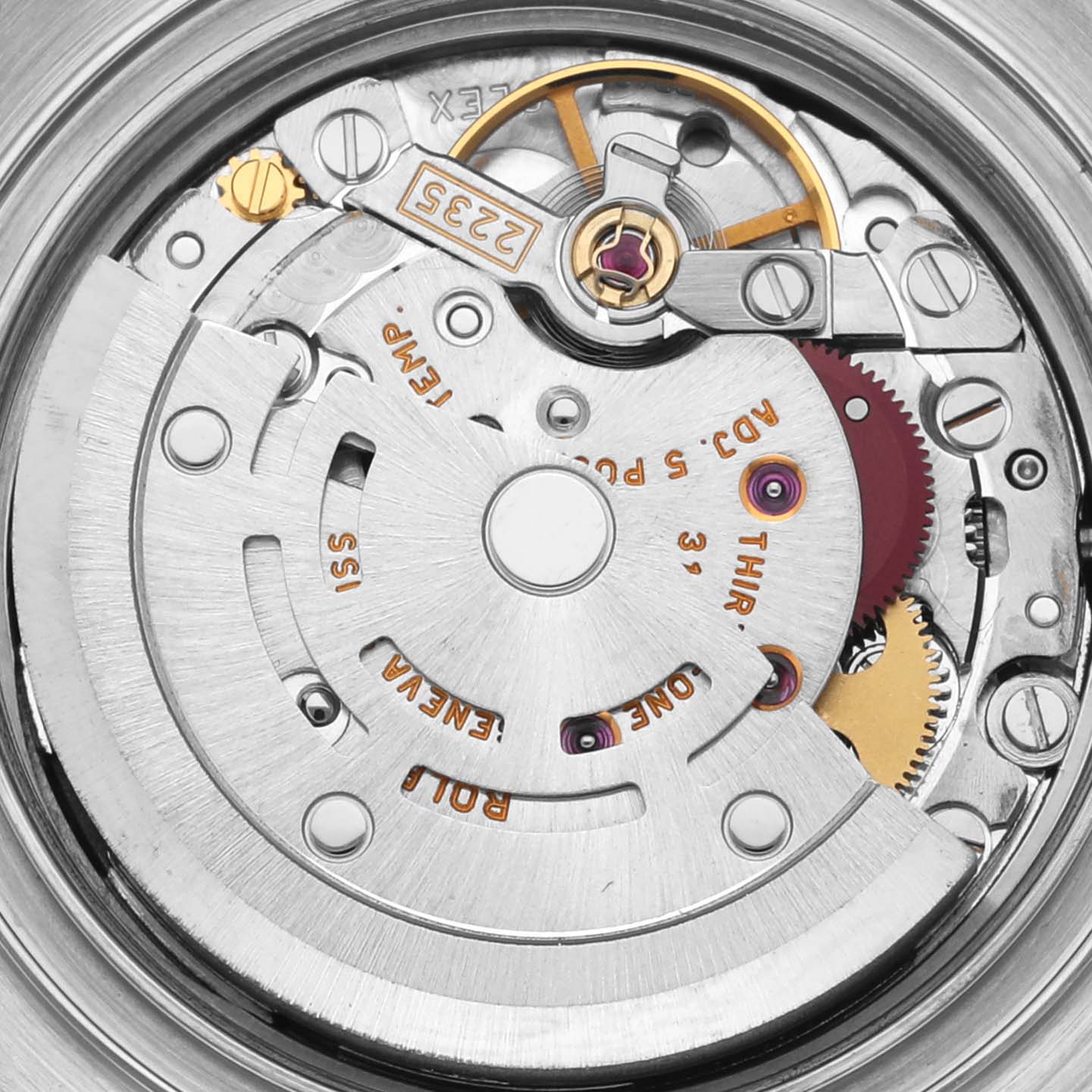 The image shows the movement of a Rolex Yacht-Master 169622 Women's Stainless Steel Silver Dial 169622 Women's Stainless Steel Silver Dial watch, viewed from the back, revealing the intricate internal mechanism.