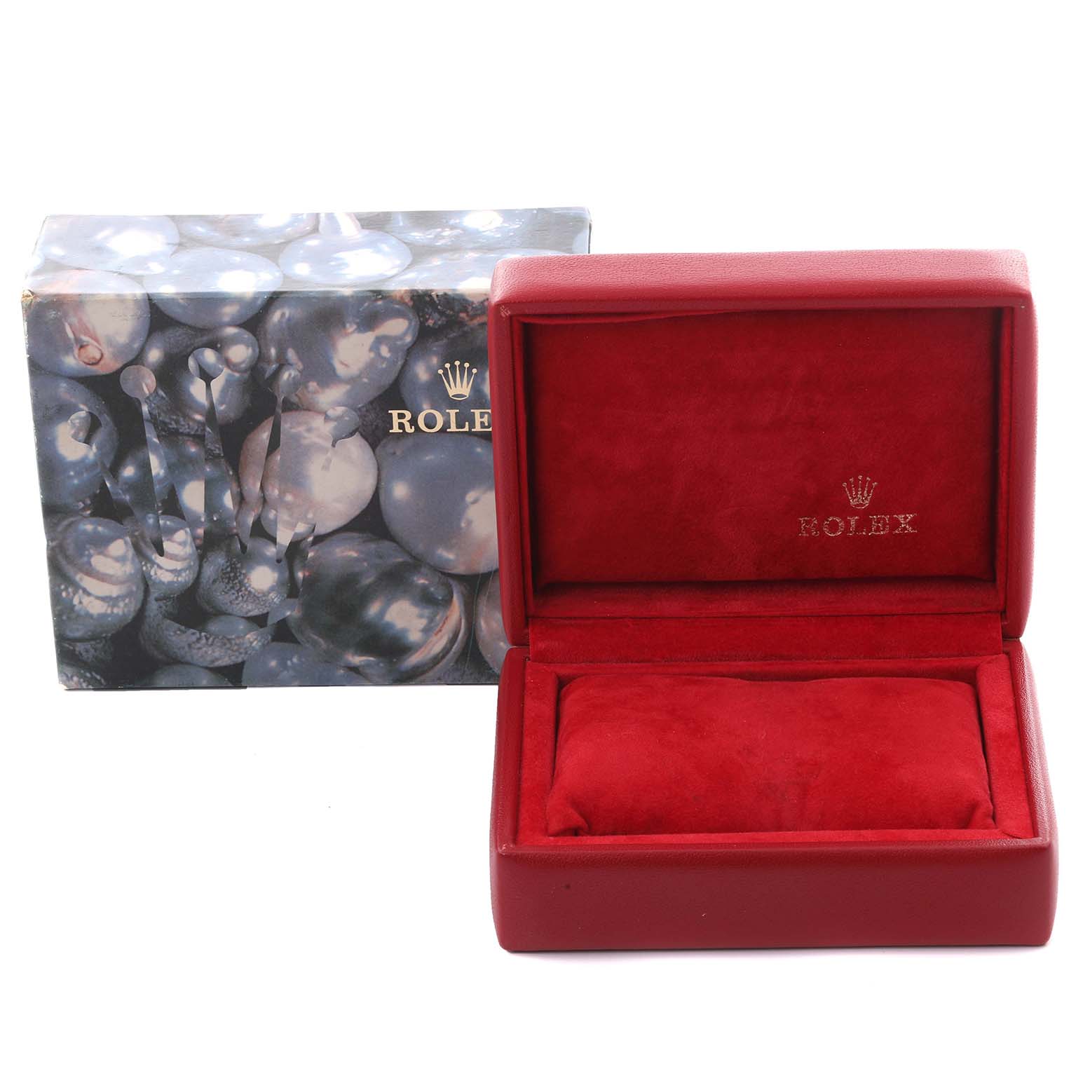 The image shows an open red Rolex Yacht-Master 169622 Women's Stainless Steel Silver Dial 169622 Women's Stainless Steel Silver Dial watch box with its outer packaging, viewed from the front.