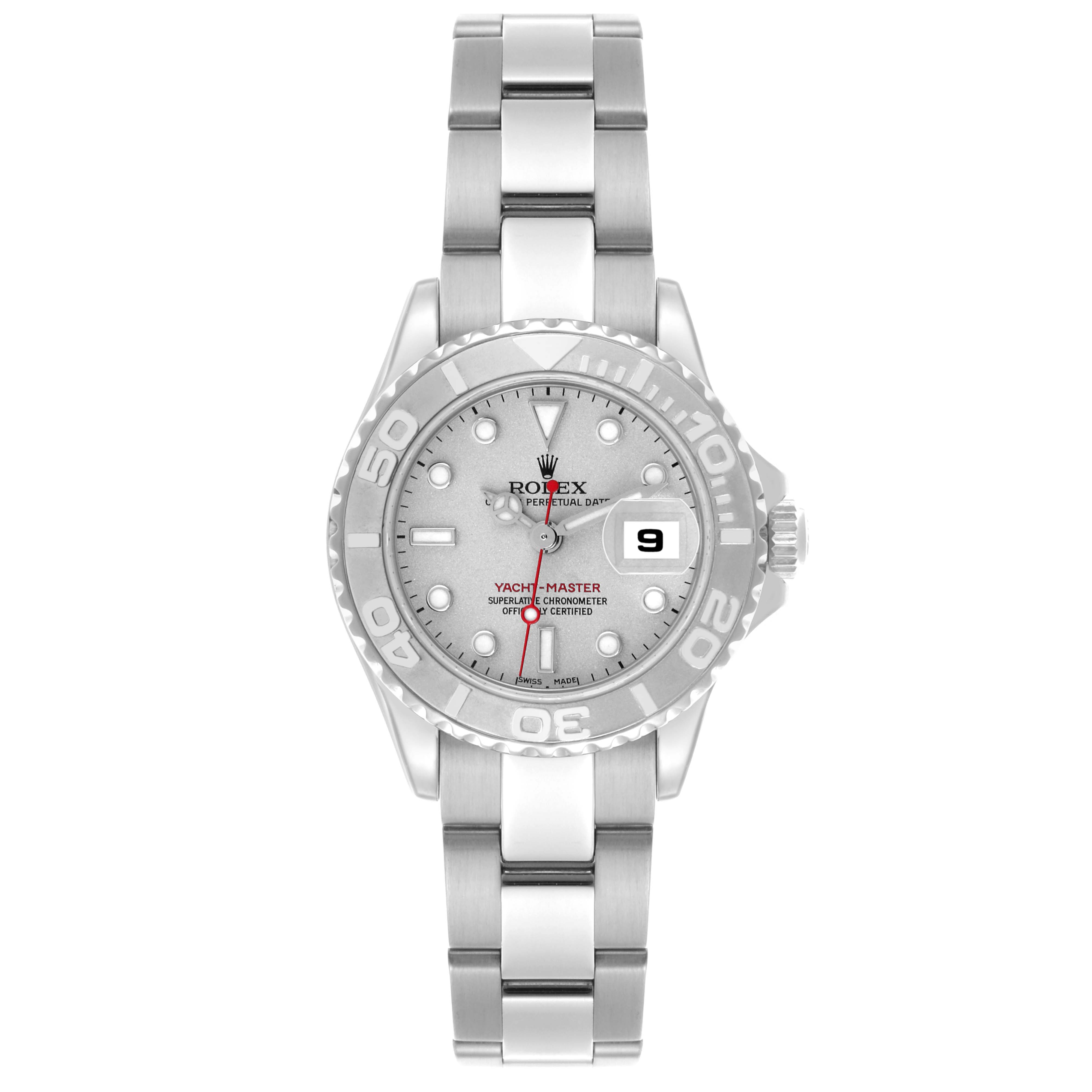 The Rolex Yacht-Master 169622 Women's Stainless Steel Silver Dial 169622 Women's Stainless Steel Silver Dial watch is shown from a top-down angle, highlighting its face, bezel, crown, and bracelet.