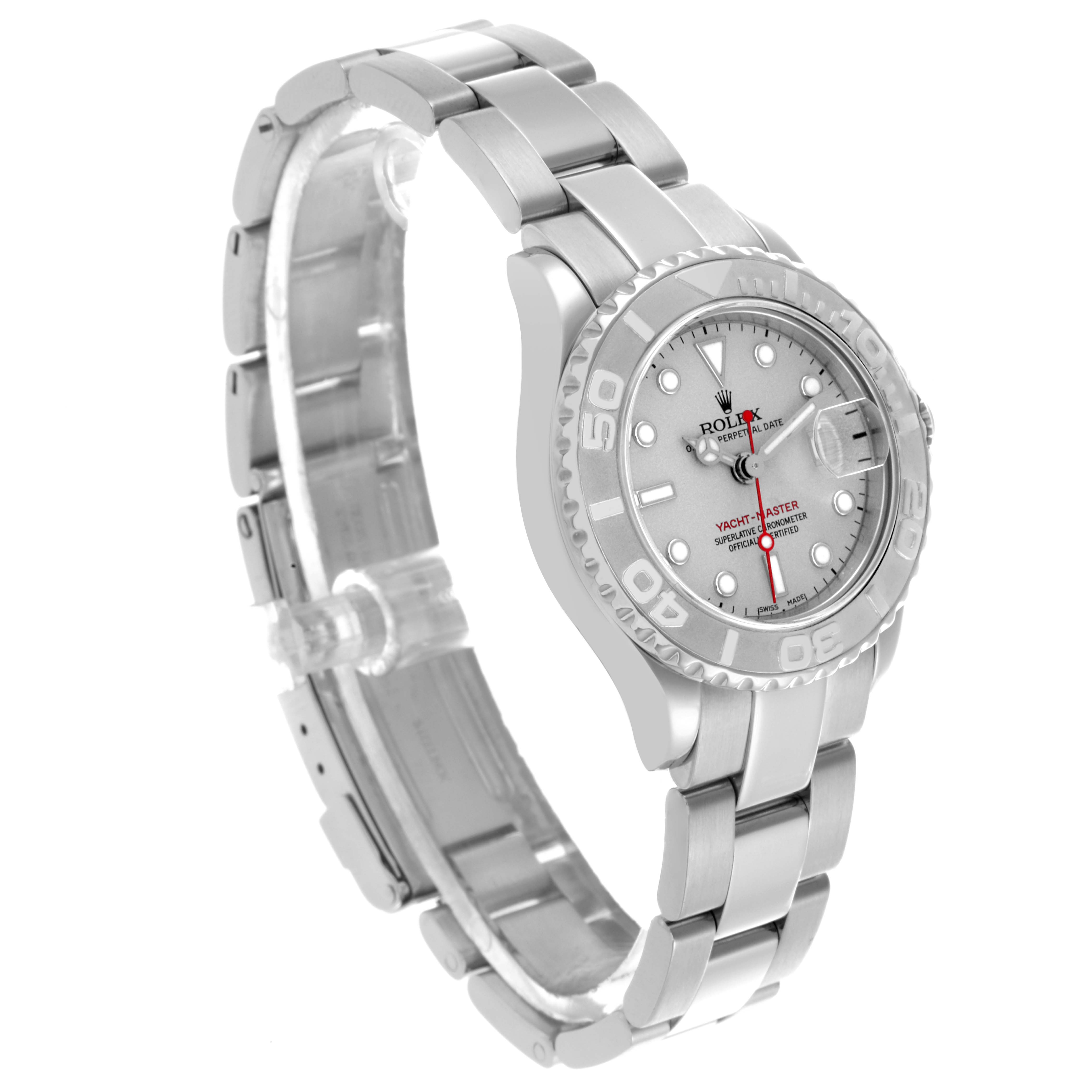 The Rolex Yacht-Master 169622 Women's Stainless Steel Silver Dial 169622 Women's Stainless Steel Silver Dial watch is shown at a three-quarter angle, highlighting the face, bezel, and bracelet.