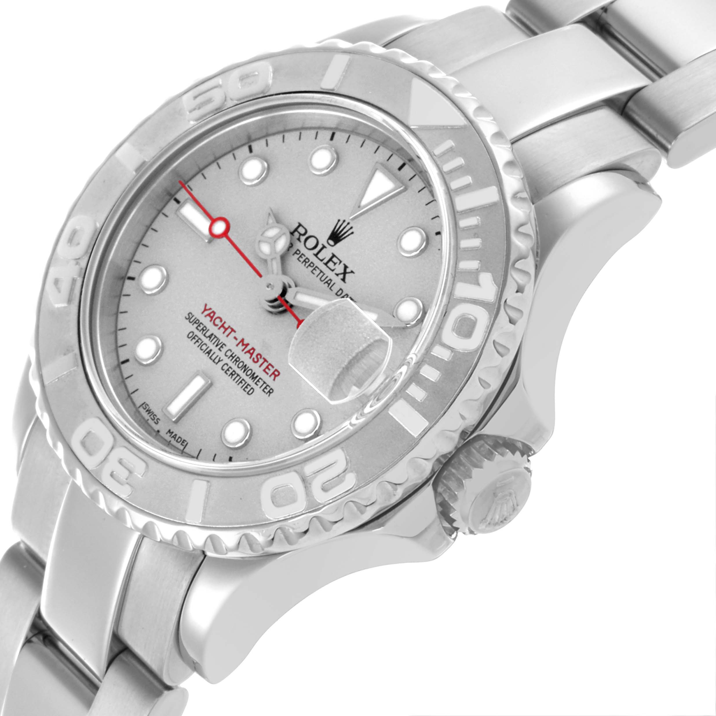 The image shows a Rolex Yacht-Master 169622 Women's Stainless Steel Silver Dial 169622 Women's Stainless Steel Silver Dial watch from a front-side angle, highlighting the bezel, dial, and bracelet.