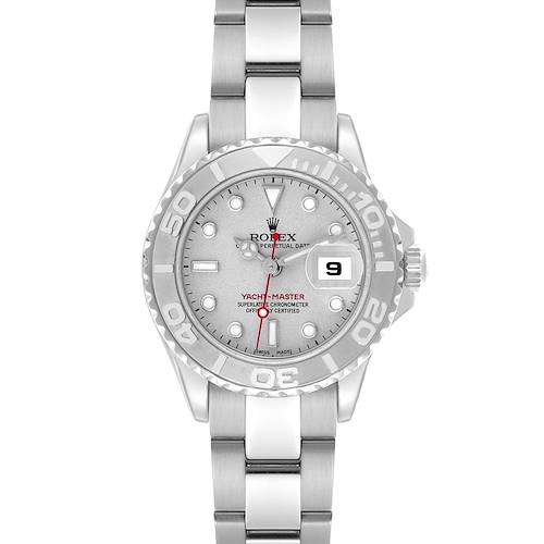The Rolex Yacht-Master 169622 Women's Stainless Steel Silver Dial 169622 Women's Stainless Steel Silver Dial watch is shown from the front, displaying the dial, bezel, and bracelet.