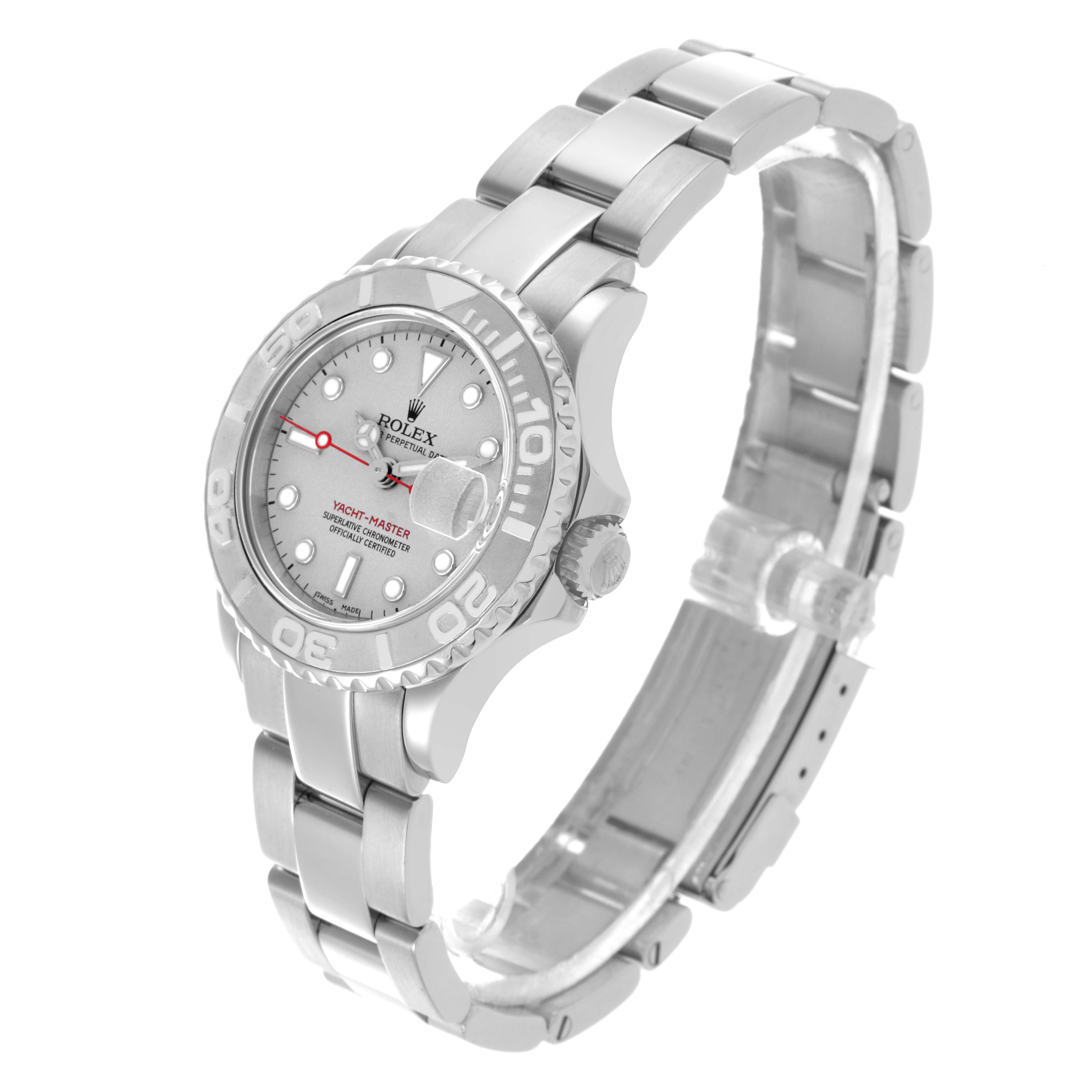 The Rolex Yacht-Master 169622 Women's Stainless Steel Silver Dial 169622 Women's Stainless Steel Silver Dial watch is shown from a high-angle side view, displaying the dial, bezel, crown, and bracelet.