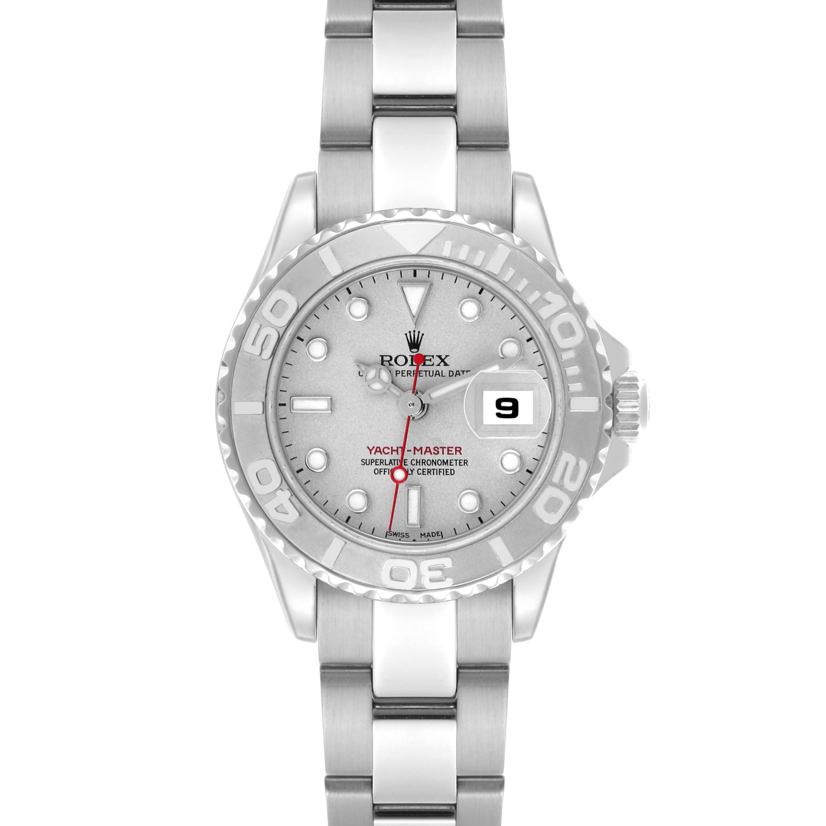 The Rolex Yacht-Master 169622 Women's Stainless Steel Silver Dial 169622 Women's Stainless Steel Silver Dial watch is shown in a top-down angle, displaying the dial, bezel, and bracelet fully.