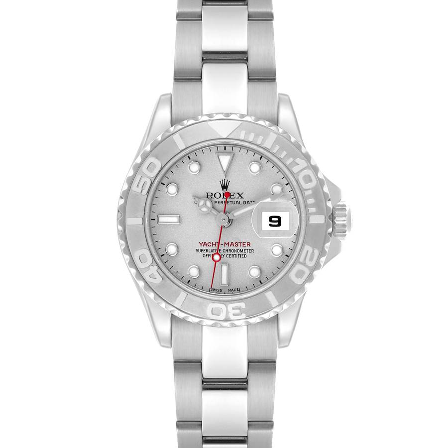 The Rolex Yacht-Master 169622 Women's Stainless Steel Silver Dial 169622 Women's Stainless Steel Silver Dial watch is shown in a top-down angle, displaying the dial, bezel, and bracelet fully.
