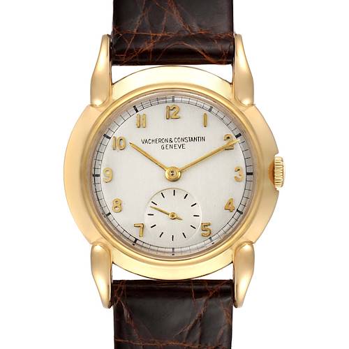 The image shows a front view of a Vintage Vacheron Constantin watch with a gold case, leather strap, and sub-dial.