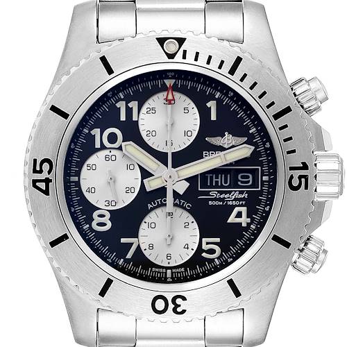 The watch is a Breitling Superocean A13341C3/BD19 Men's Stainless Steel Black Dial A13341C3/BD19 Men's Stainless Steel Black Dial model shown from the front, displaying the face, bezel, crown, and pushers.