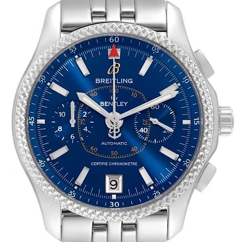 The Breitling Bentley P26362 Men's Stainless Steel Blue Dial P26362 Men's Stainless Steel Blue Dial watch is shown from the front, highlighting its blue dial, chronograph subdials, bezel, and stainless steel bracelet.