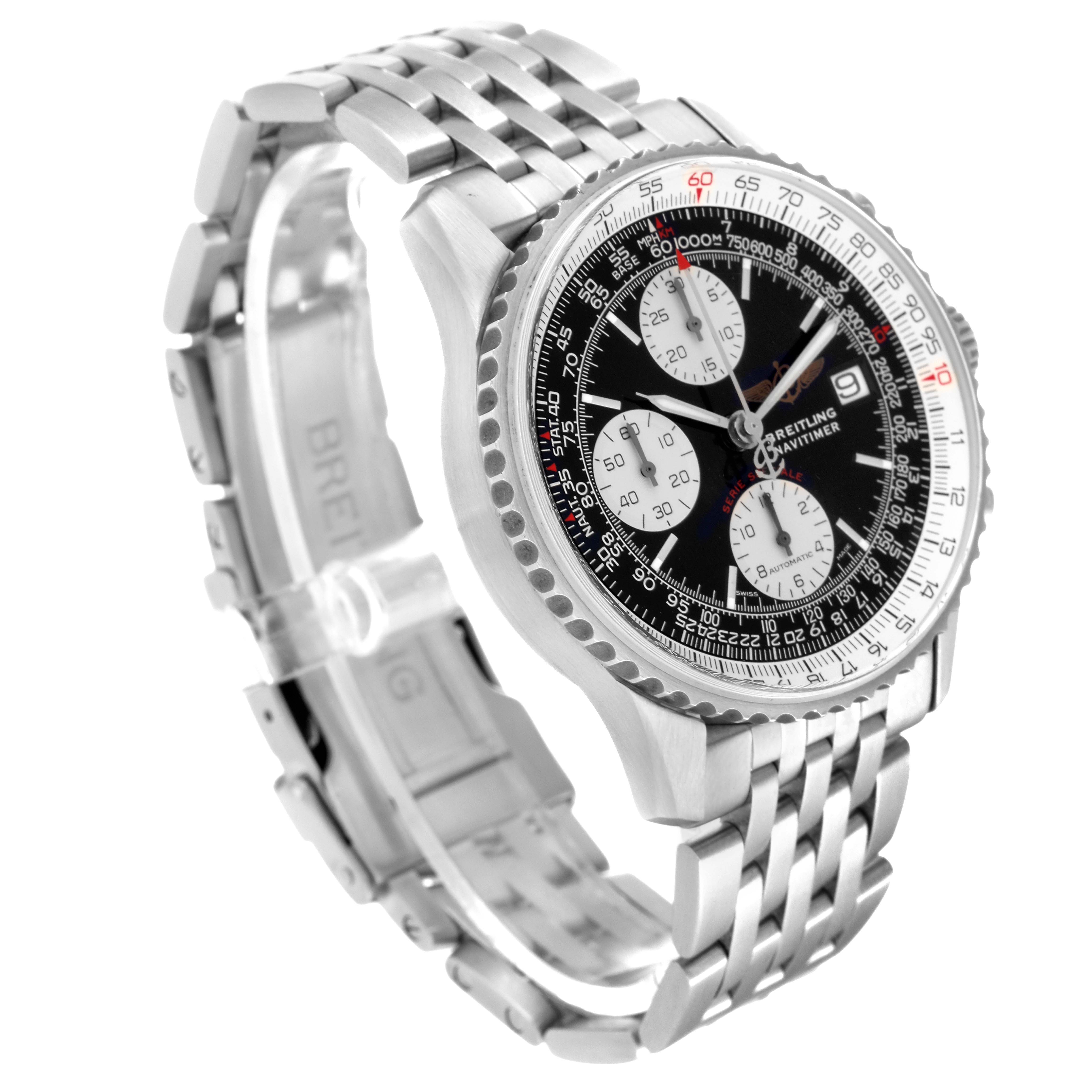 The image shows a Breitling Navitimer A13330 Men's Stainless Steel Black Dial A13330 Men's Stainless Steel Black Dial watch angled from the left side, displaying the face, bezel, and part of the metal bracelet.