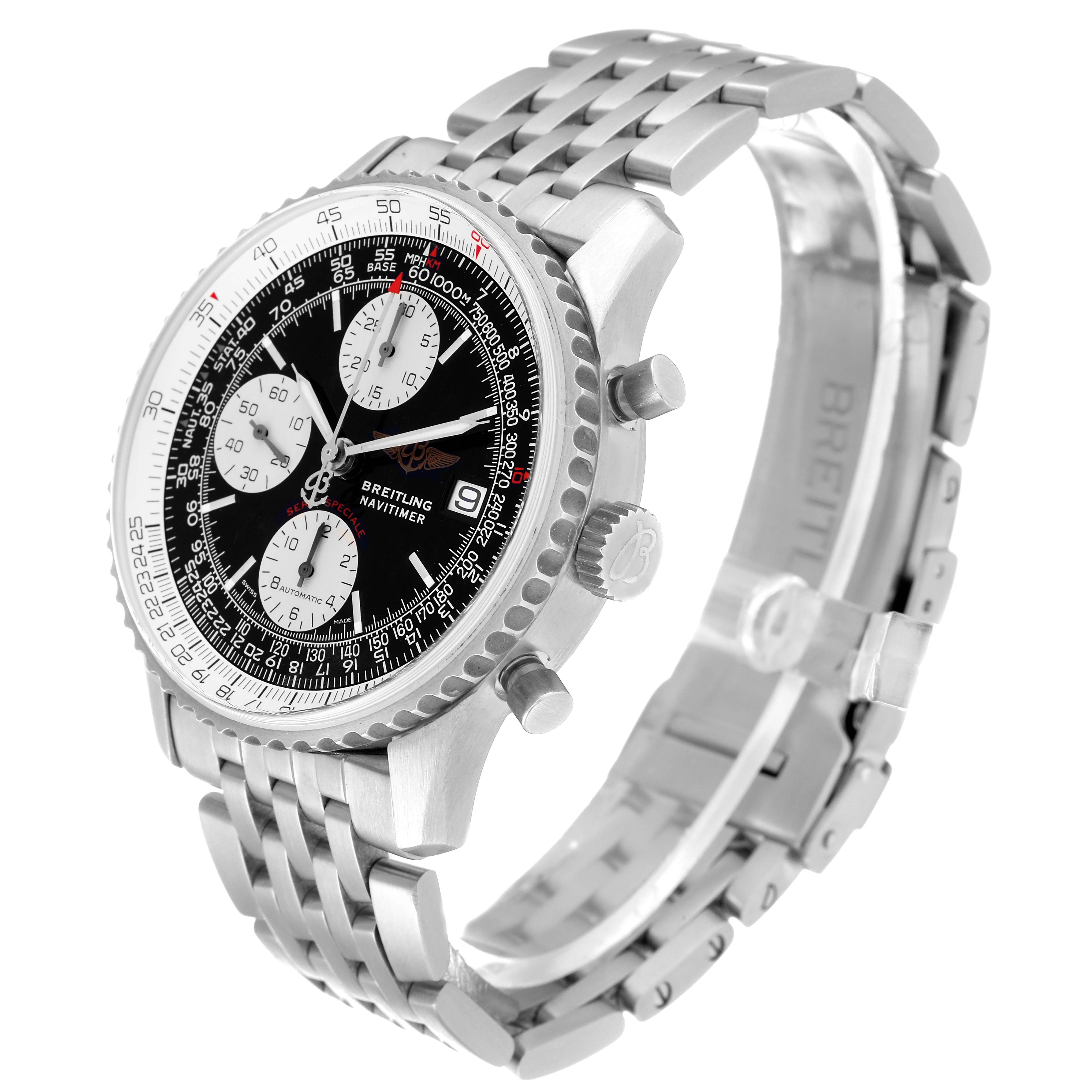 The image shows a Breitling Navitimer A13330 Men's Stainless Steel Black Dial A13330 Men's Stainless Steel Black Dial watch at an angled side view, highlighting the face, crown, pushers, bracelet, and clasp.