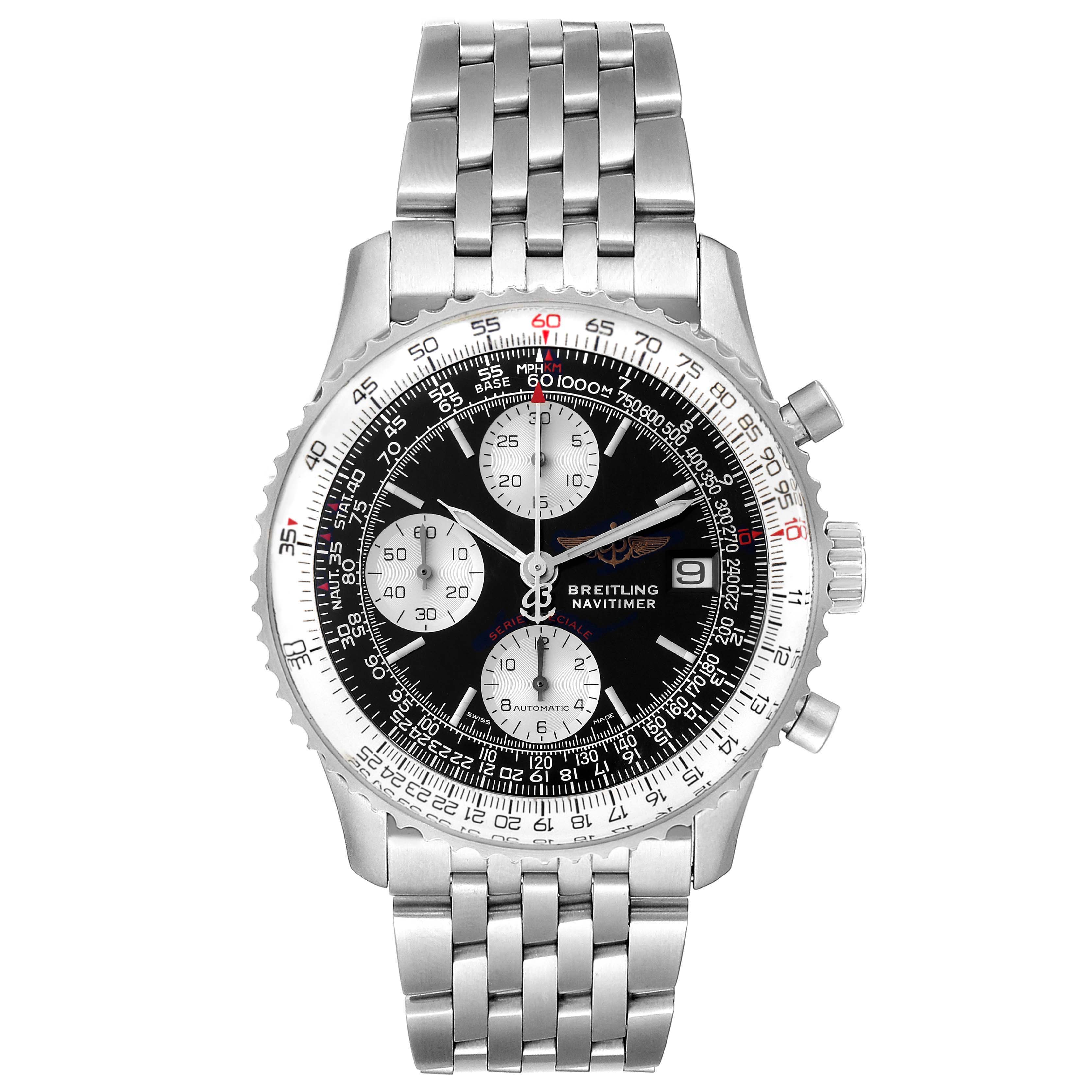 The image shows a front view of a Breitling Navitimer A13330 Men's Stainless Steel Black Dial A13330 Men's Stainless Steel Black Dial watch, displaying its dial, chronograph subdials, and metal bracelet.