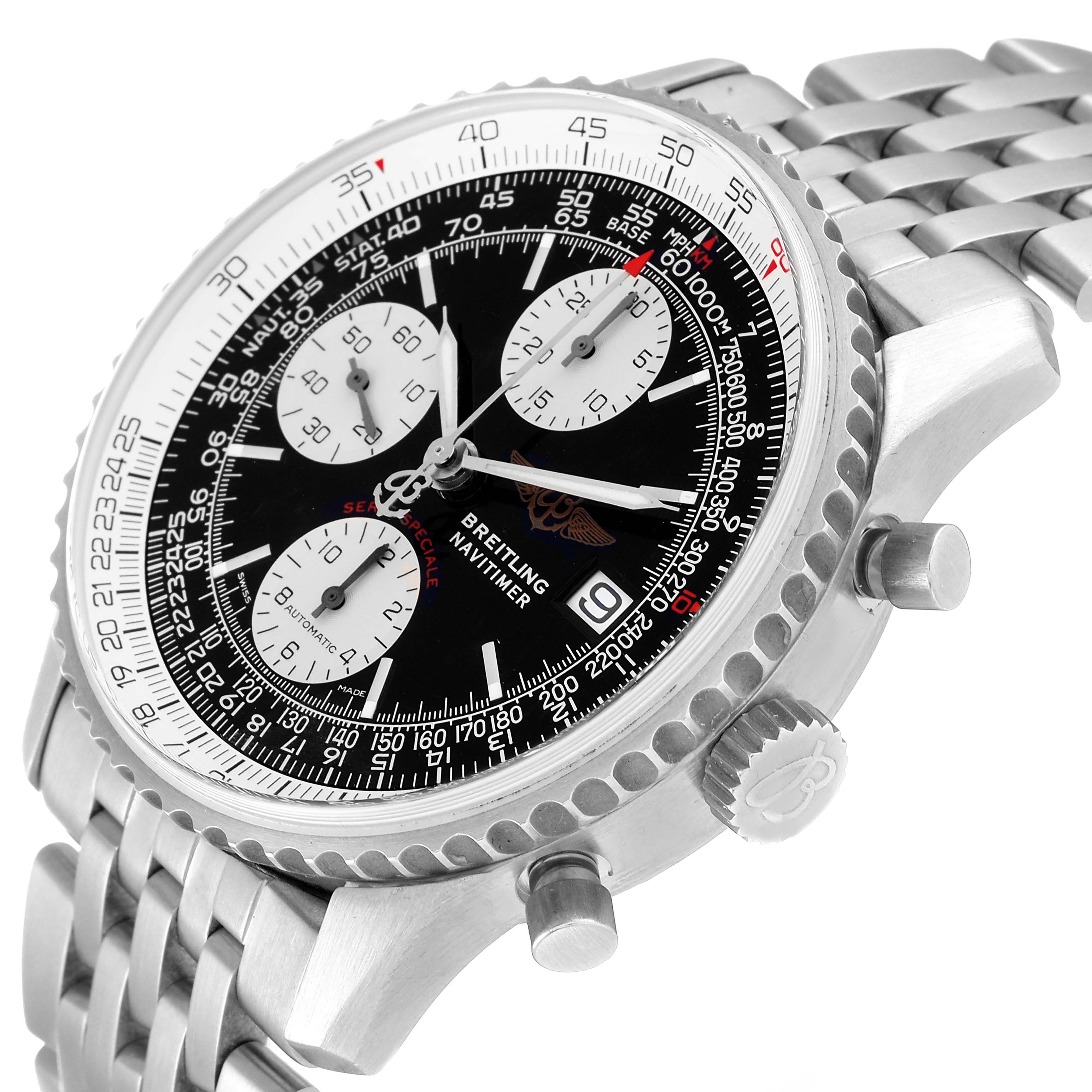 The image shows a three-quarter angle view of the Breitling Navitimer A13330 Men's Stainless Steel Black Dial A13330 Men's Stainless Steel Black Dial watch, highlighting its bezel, chronograph dials, crown, and bracelet.