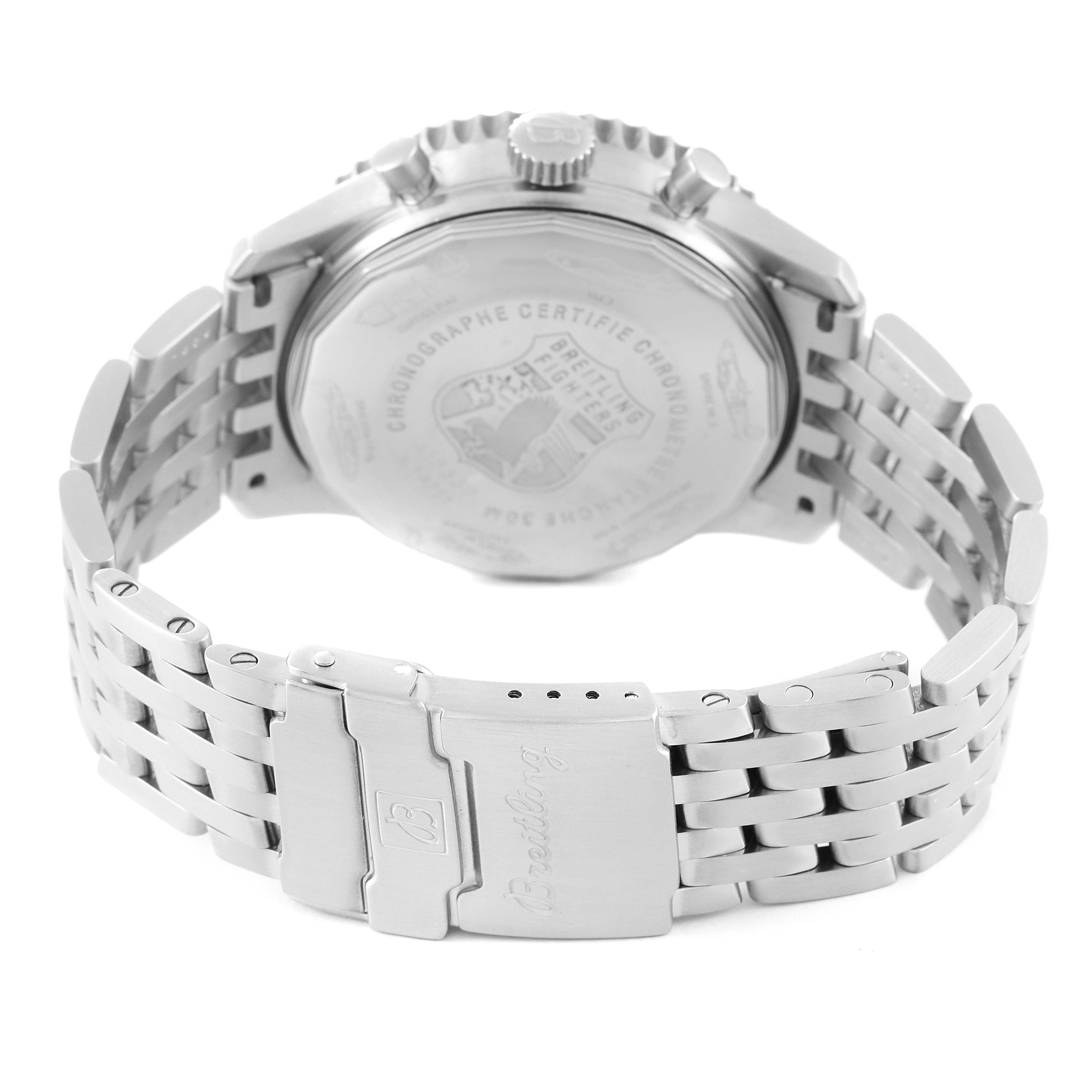The image shows the back side and clasp of the Breitling Navitimer A13330 Men's Stainless Steel Black Dial A13330 Men's Stainless Steel Black Dial watch, including its engraved case back and bracelet.